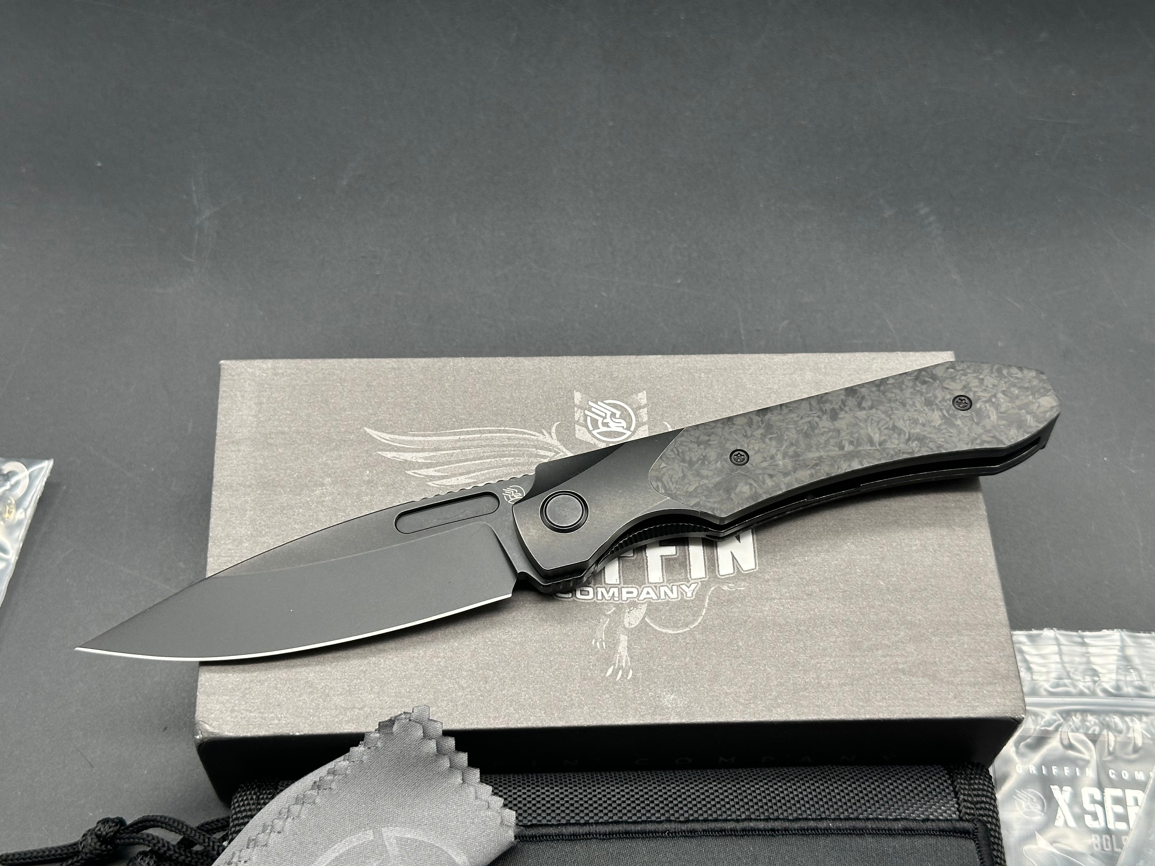 Griffin Company X Series Bolster Lock, Blackwashed CPM Magnacut Blade, Blackwashed Ti Bolster Lock with Marbled Carbon Fiber