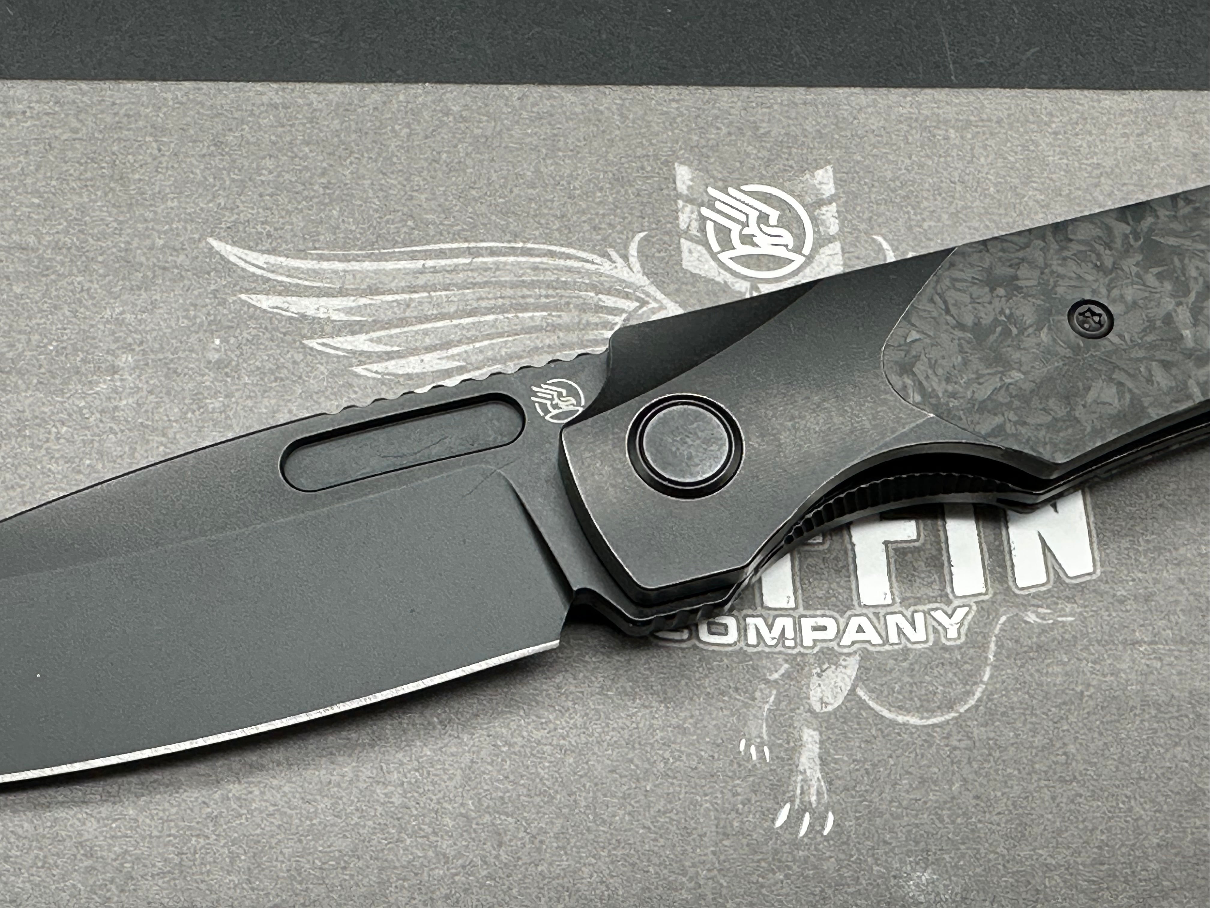 Griffin Company X Series Bolster Lock, Blackwashed CPM Magnacut Blade, Blackwashed Ti Bolster Lock with Marbled Carbon Fiber