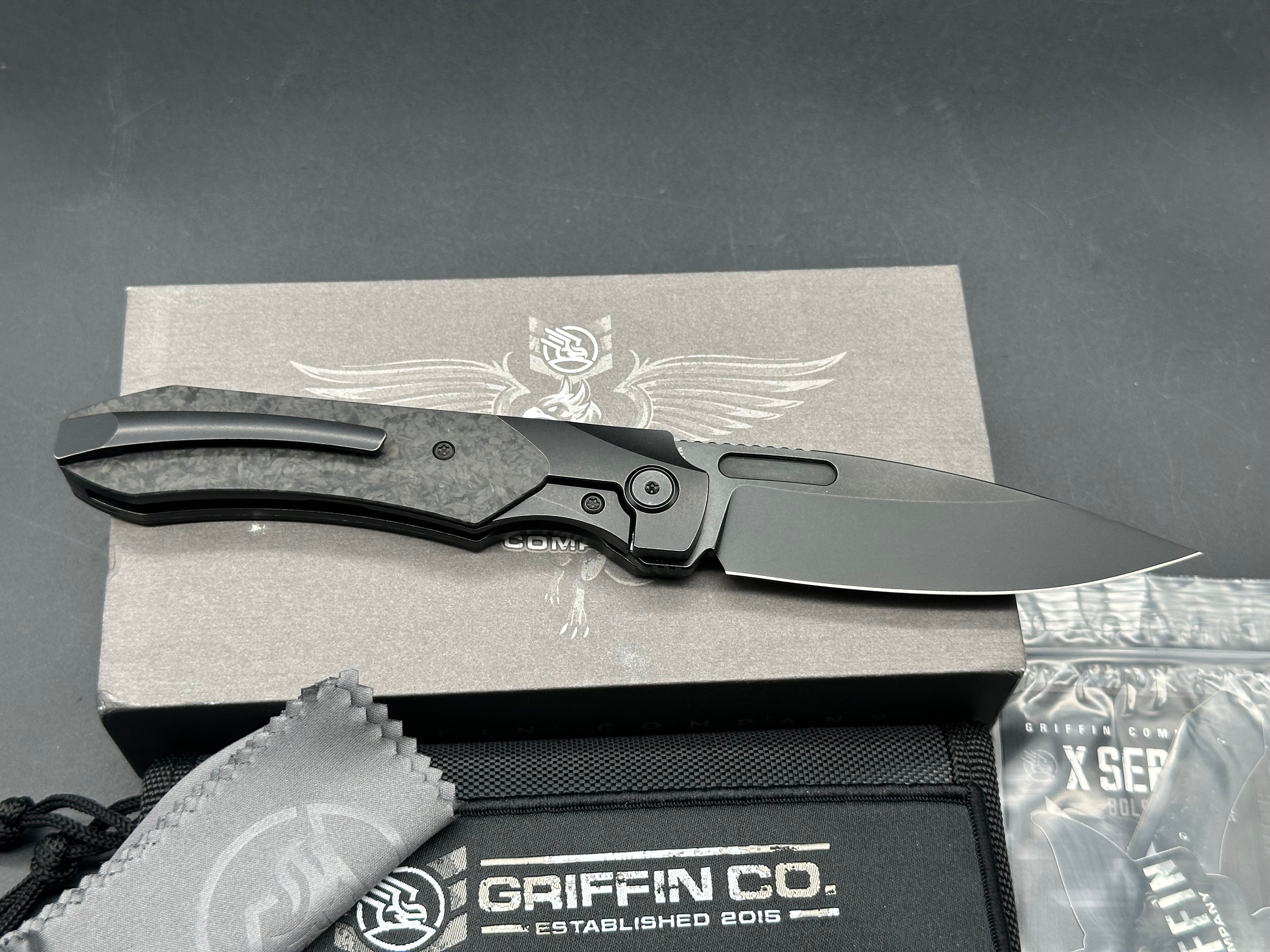 Griffin Company X Series Bolster Lock, Blackwashed CPM Magnacut Blade, Blackwashed Ti Bolster Lock with Marbled Carbon Fiber