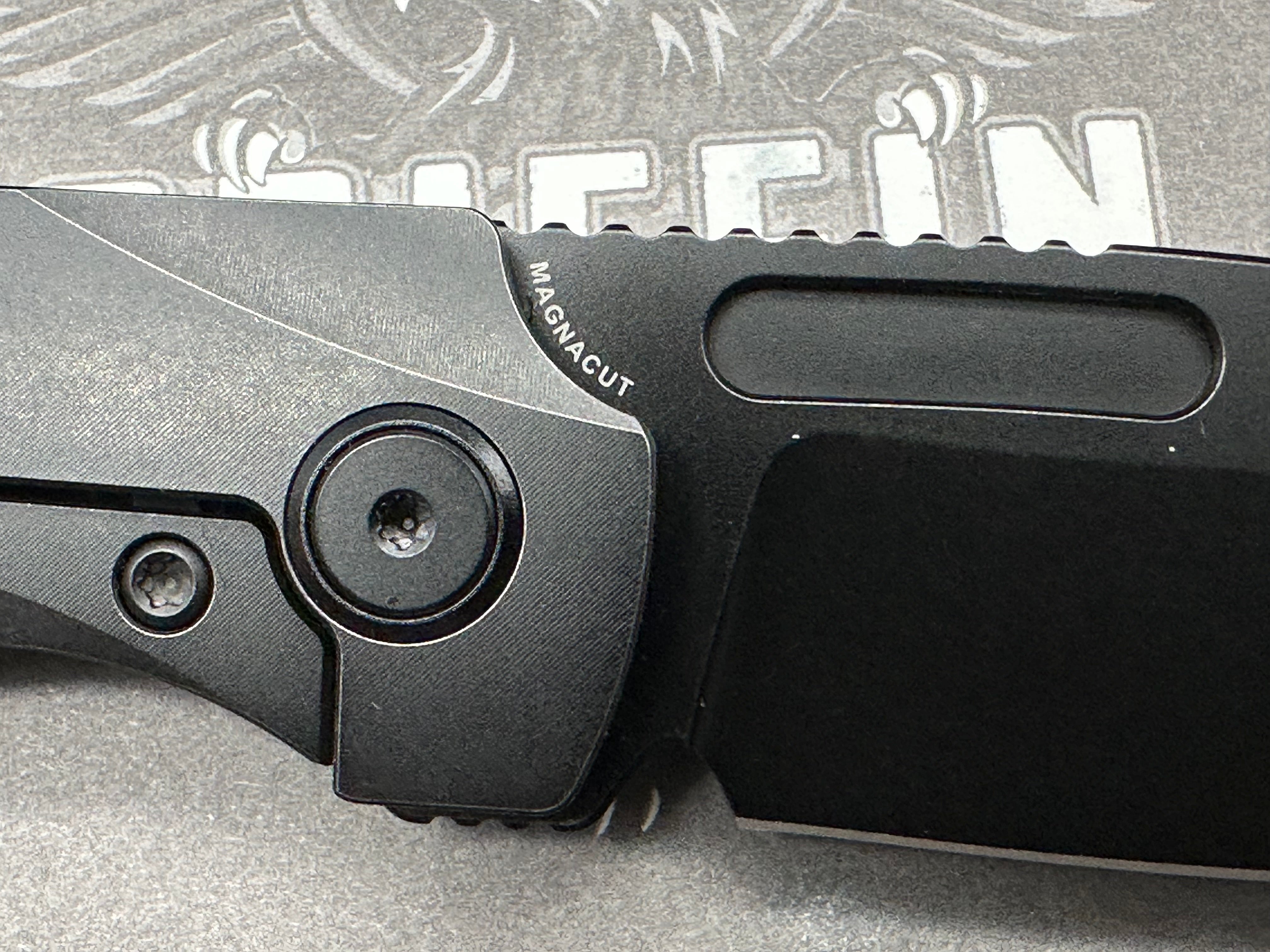 Griffin Company X Series Bolster Lock, Blackwashed CPM Magnacut Blade, Blackwashed Ti Bolster Lock with Marbled Carbon Fiber