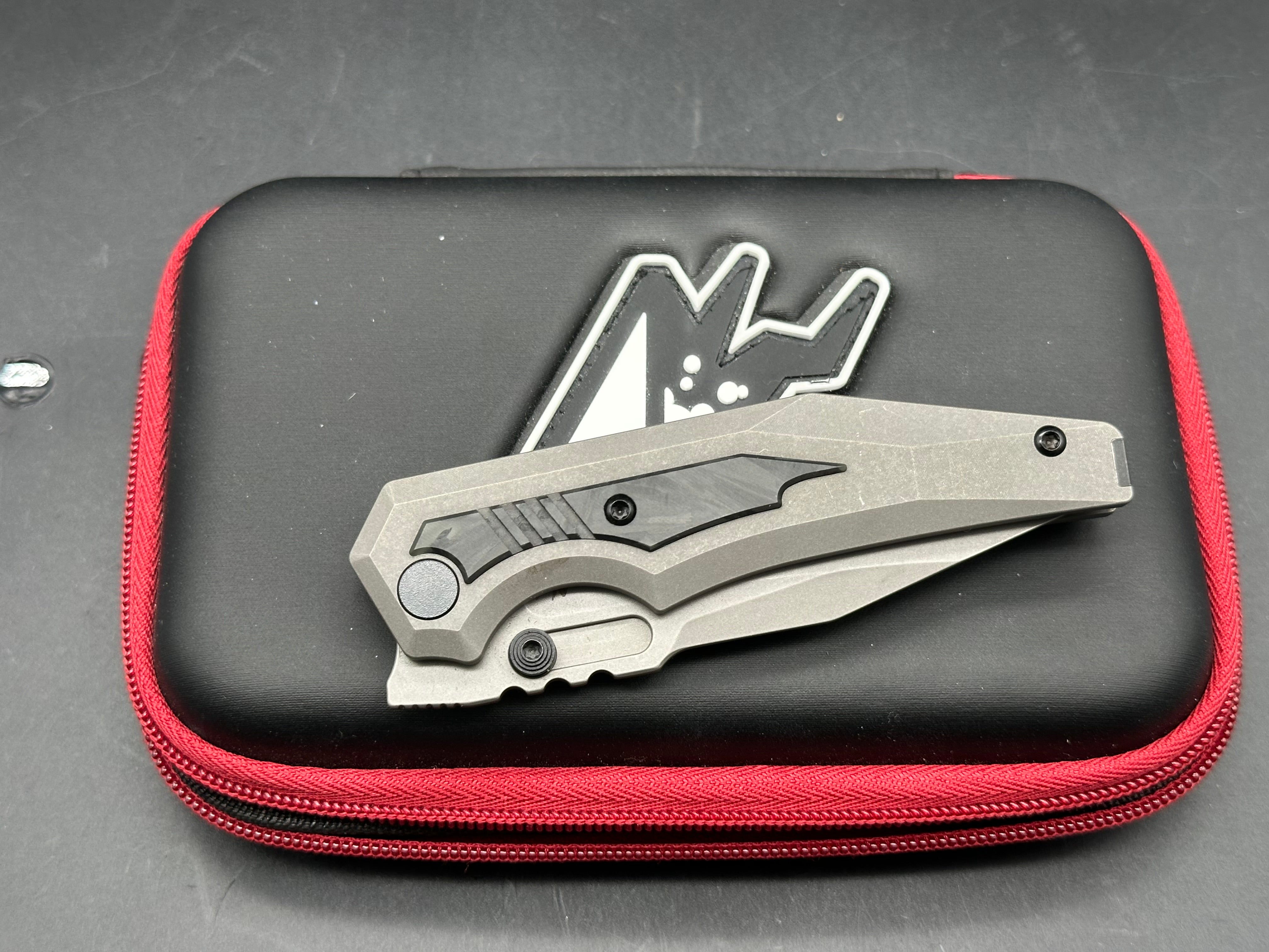 Arcane Designs Preytheon 3.125 inch acid etched, tumbled CPM-20CV blade. Milled and tumbled titanium frame