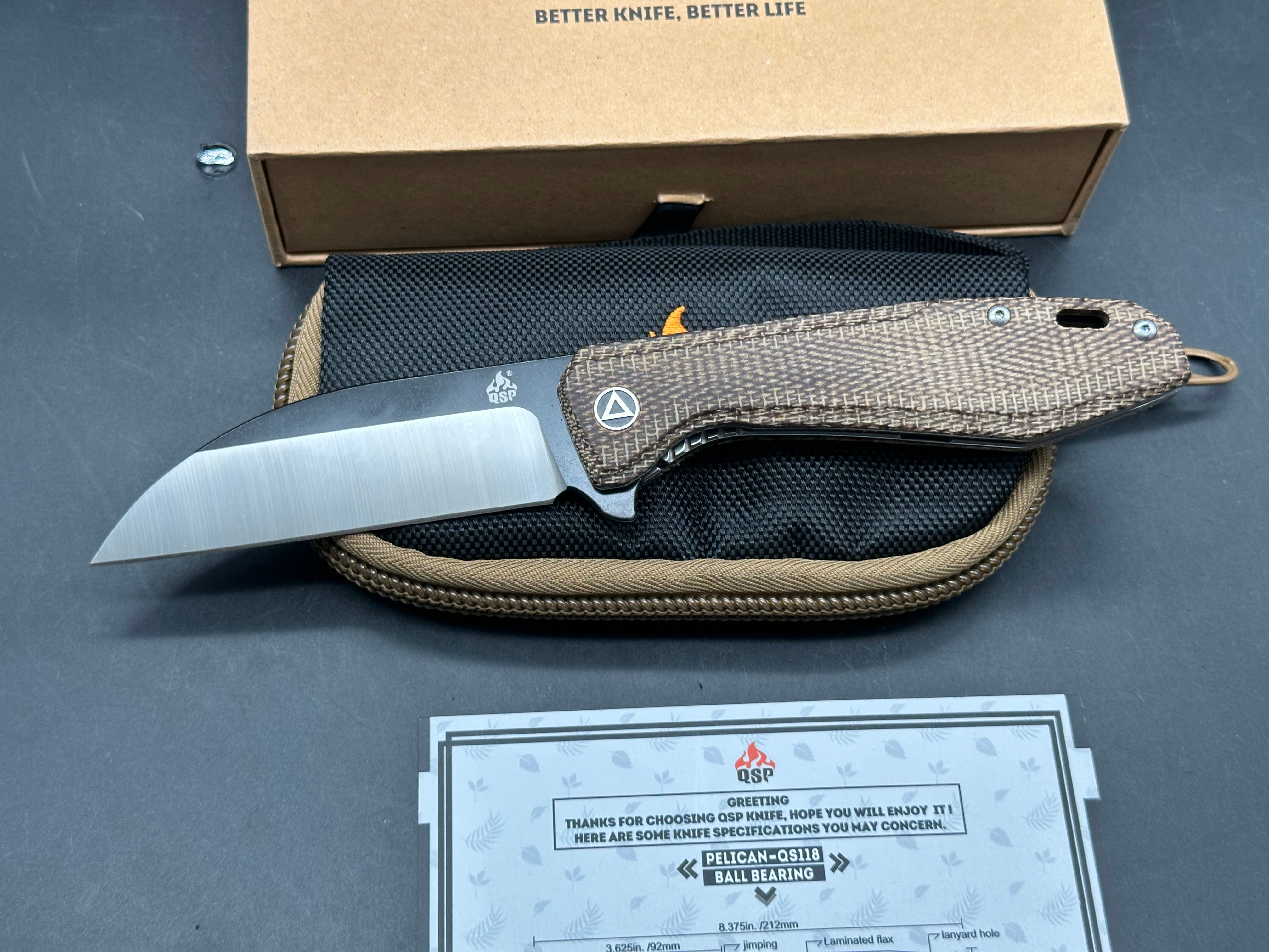 QSP Pelican 3.65 inch CPM-S35VN blade. Liner lock. Brown micarta handle