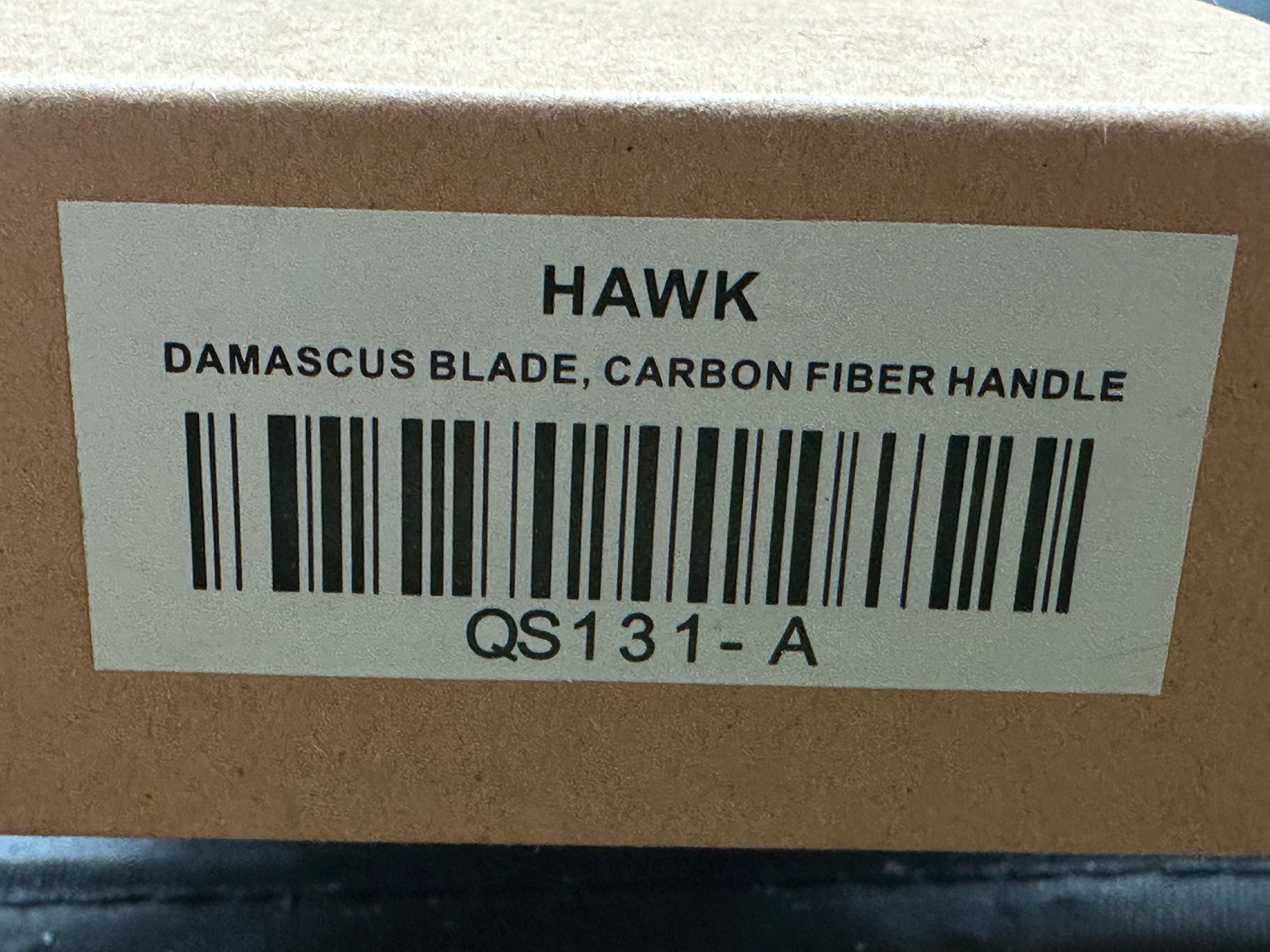 QSP Hawk 3.25 drop point, flat grind Damascus blade. Ceramic ball bearings. Marbled carbon fiber scales