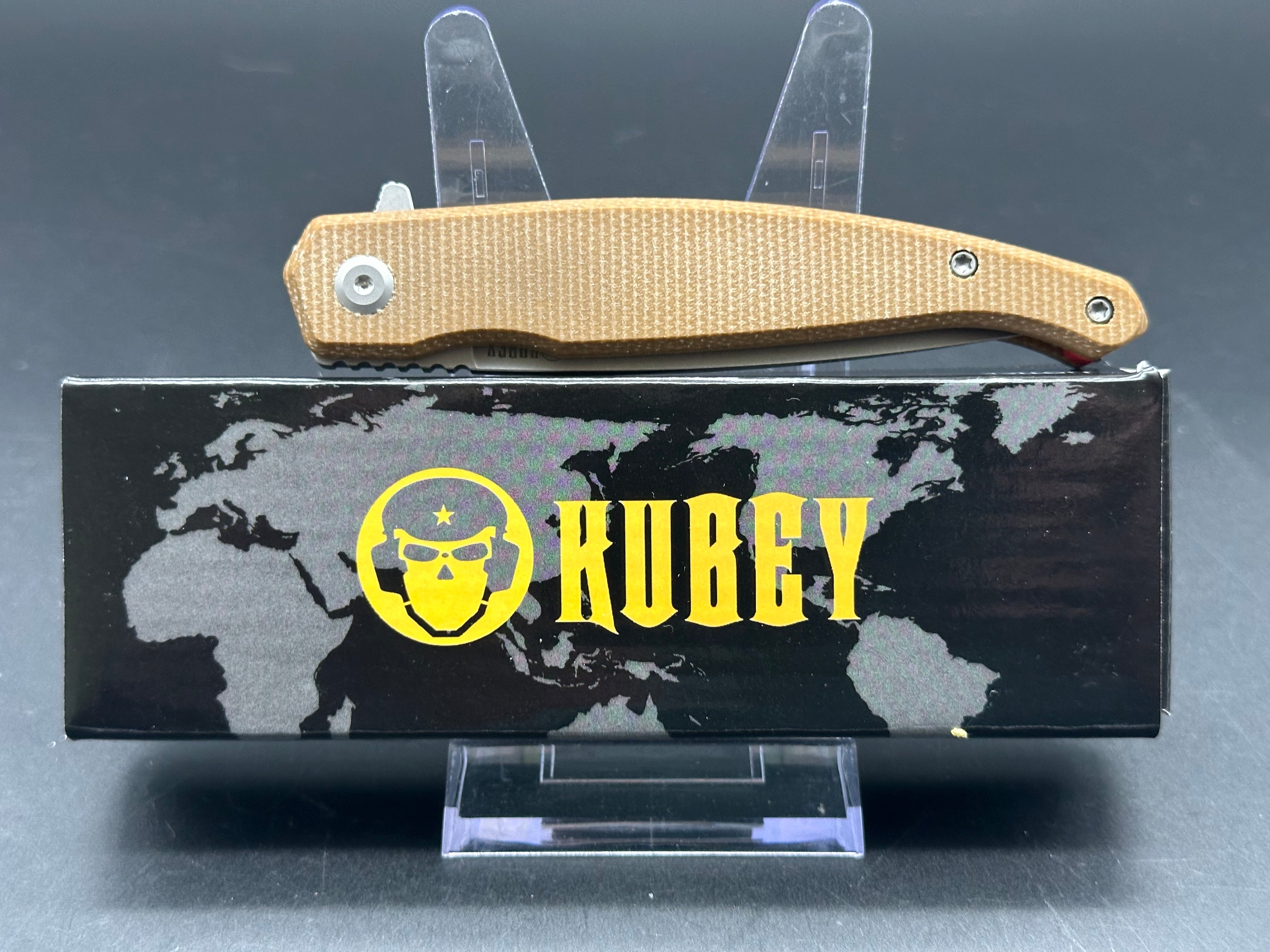 Kubey MOS Hydra Design Tan Micarta Handle 3.27" Stonewash 14C28N