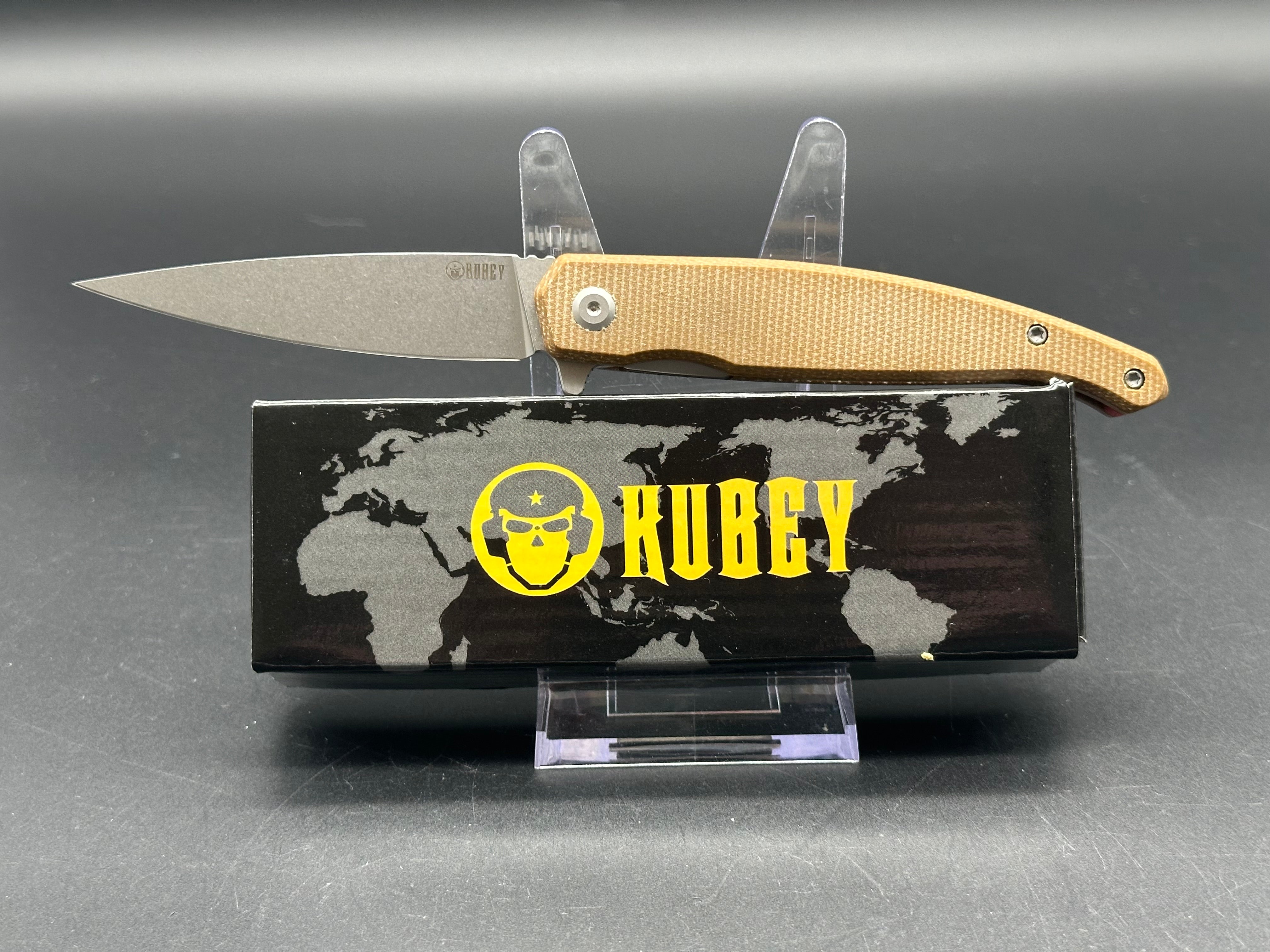 Kubey MOS Hydra Design Tan Micarta Handle 3.27" Stonewash 14C28N
