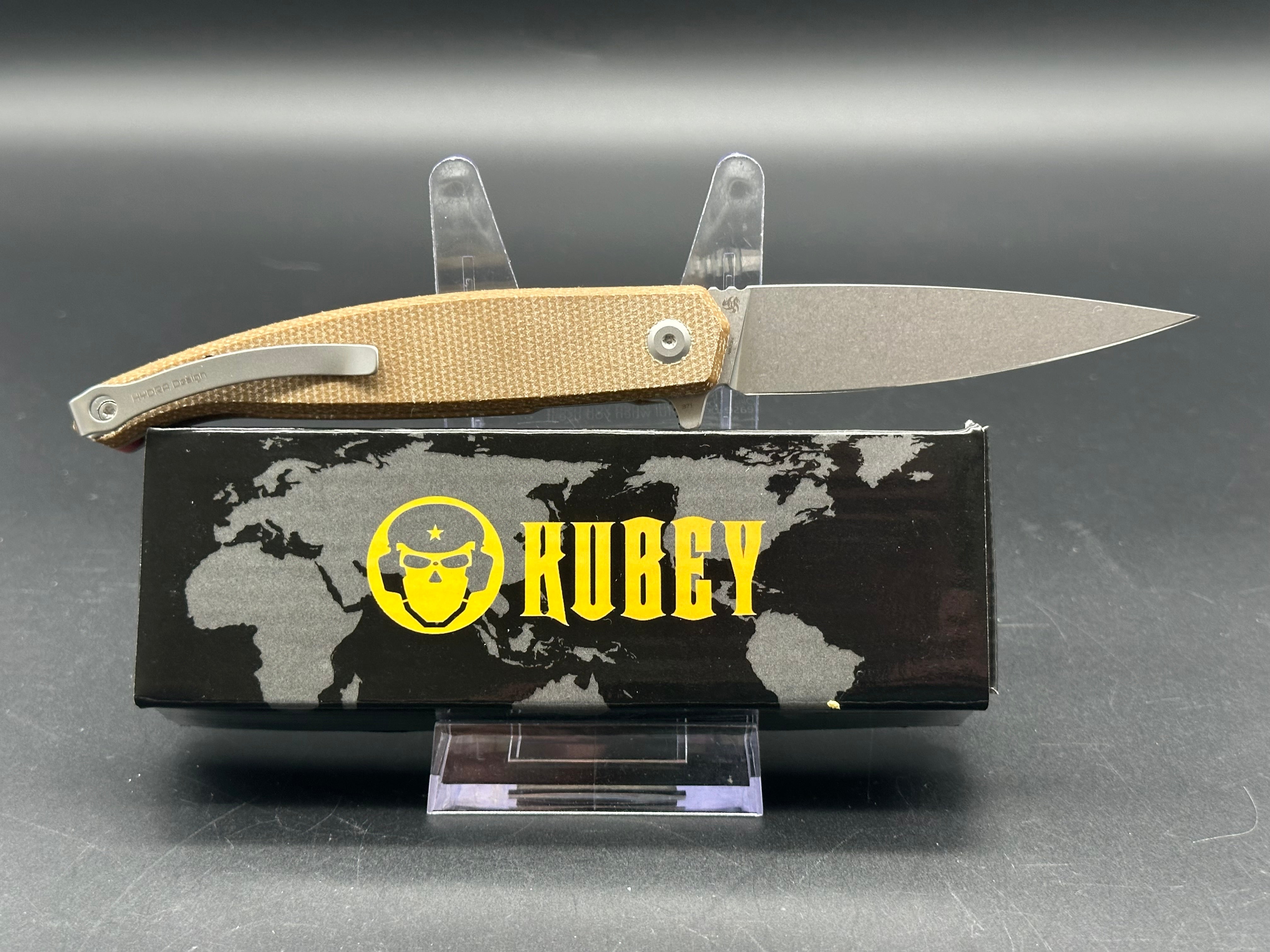Kubey MOS Hydra Design Tan Micarta Handle 3.27" Stonewash 14C28N