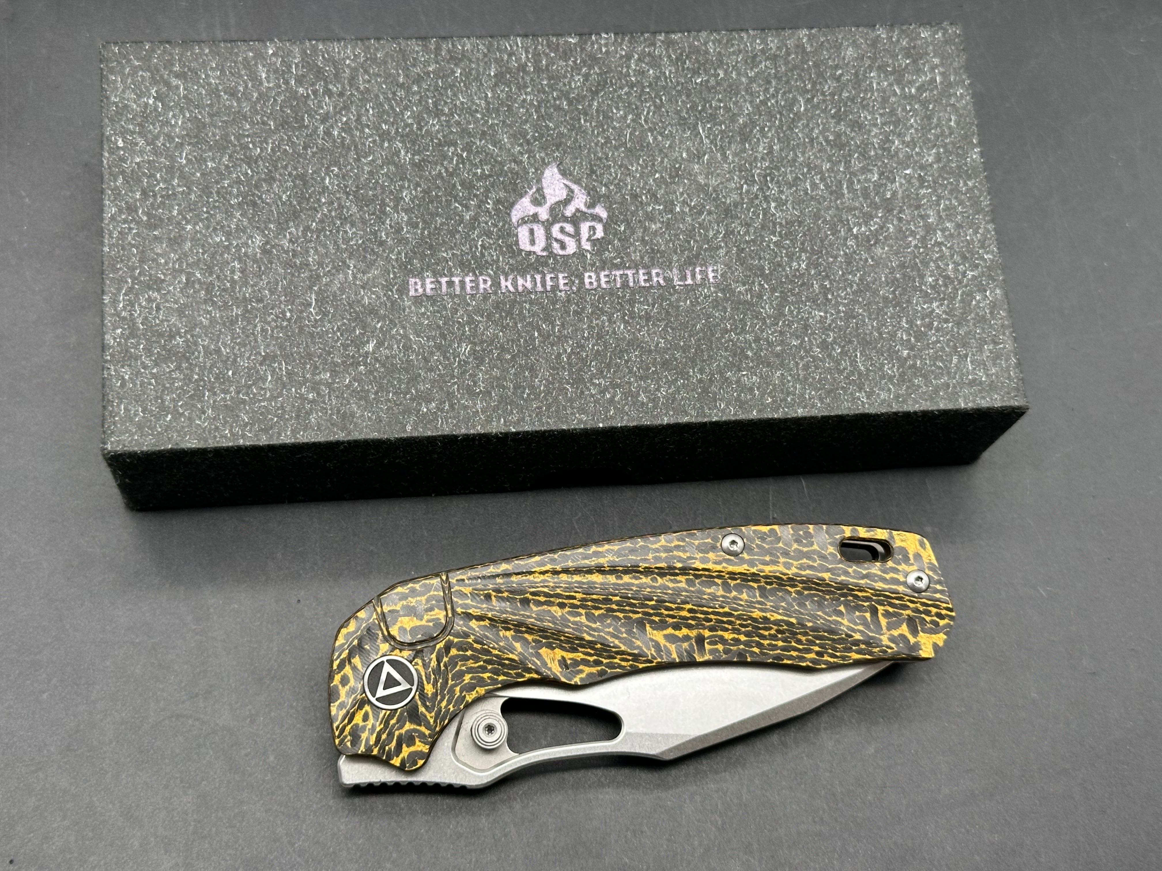 QSP Hornbill 3.25 inch drop point, stonewashed CPM-S35VN blade