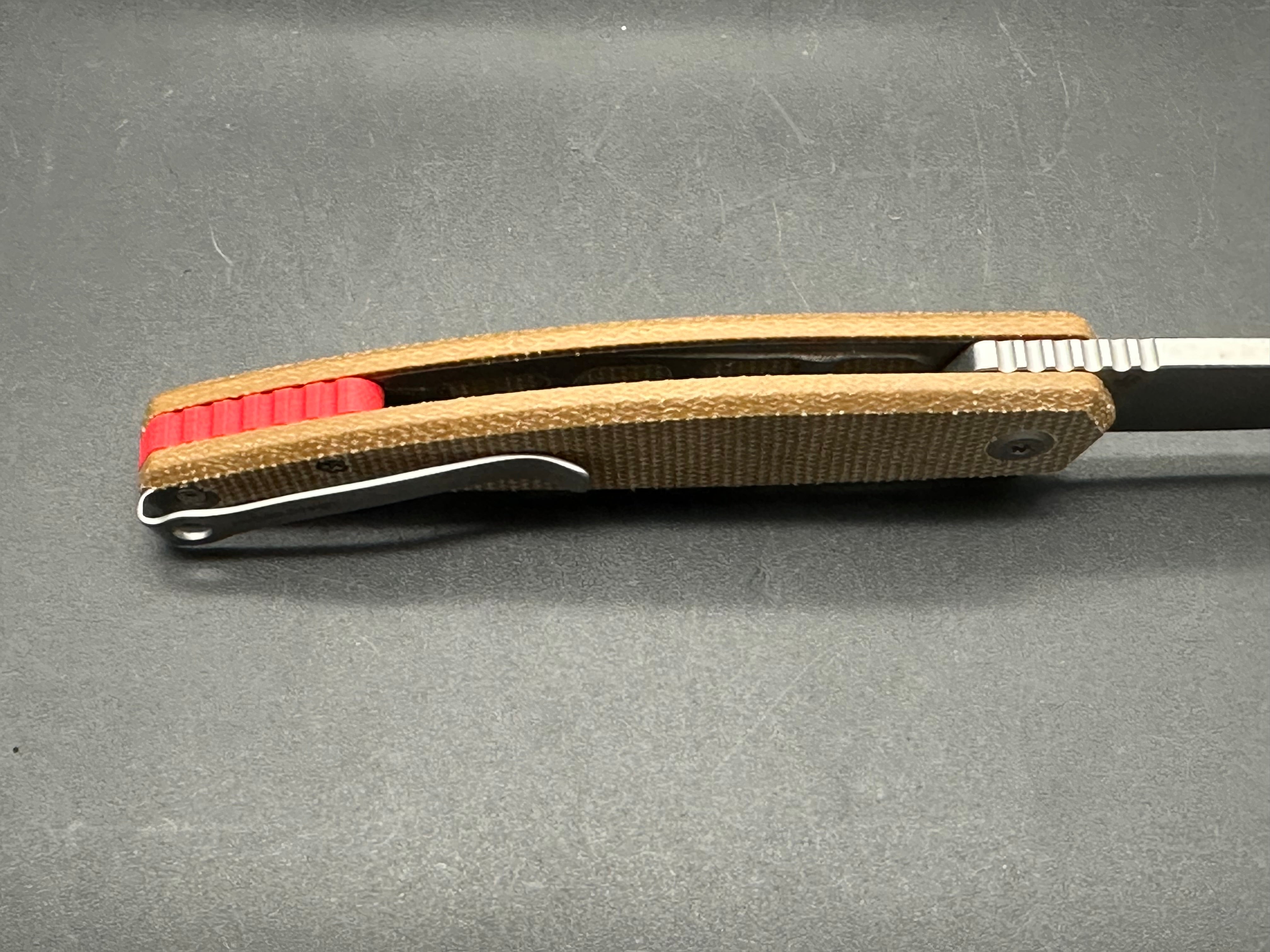Kubey MOS Hydra Design Tan Micarta Handle 3.27" Stonewash 14C28N
