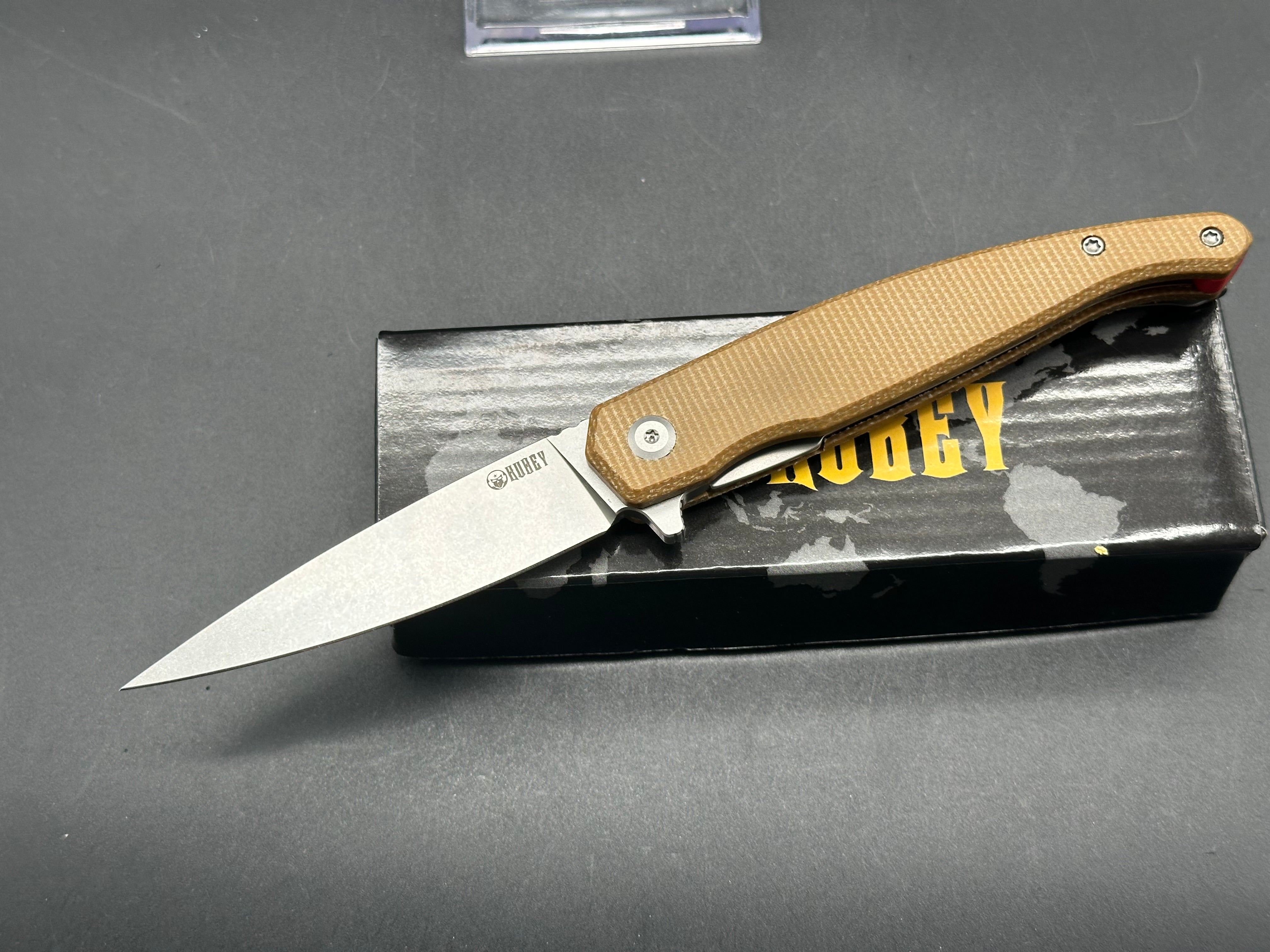 Kubey MOS Hydra Design Tan Micarta Handle 3.27" Stonewash 14C28N