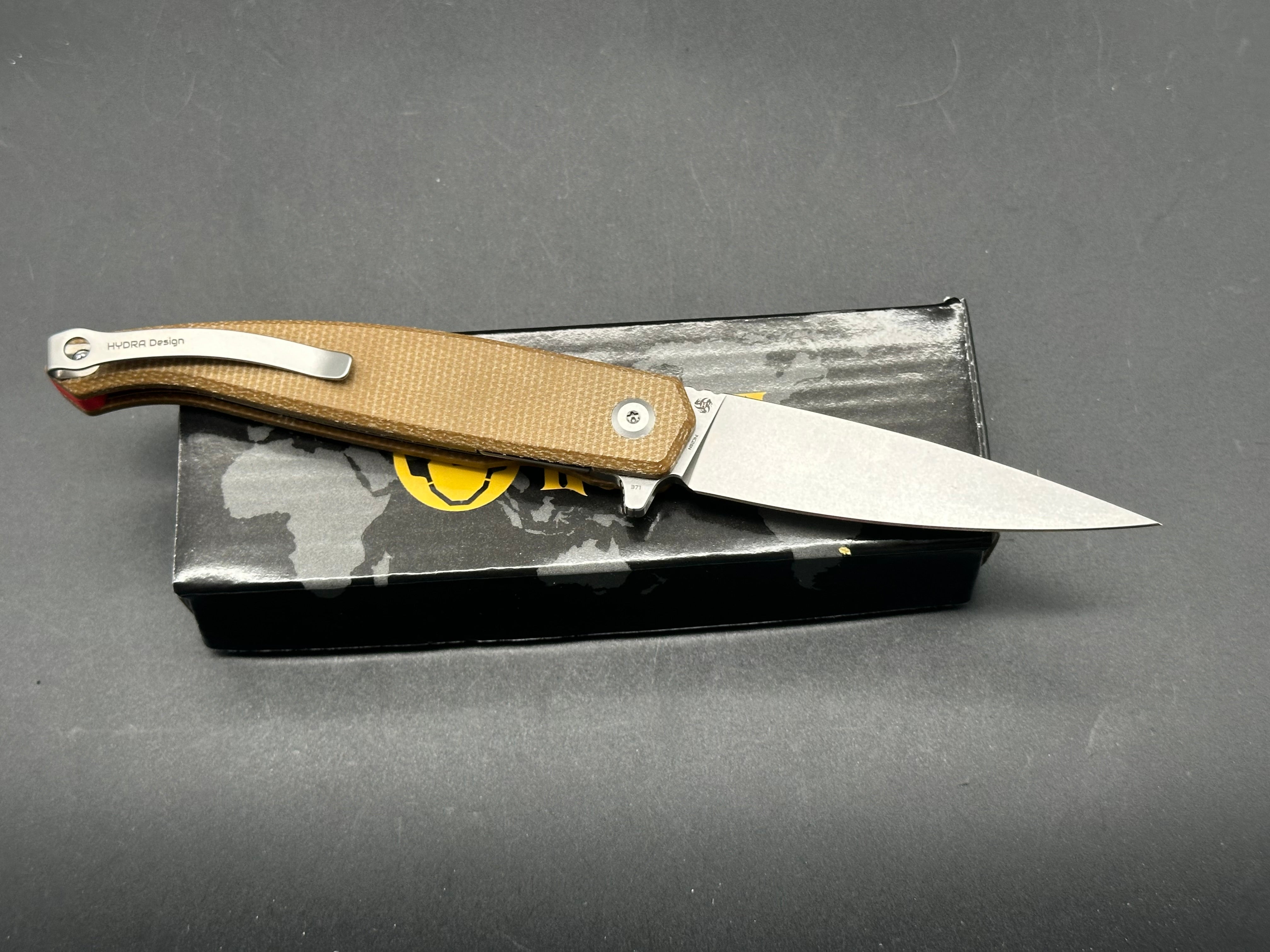 Kubey MOS Hydra Design Tan Micarta Handle 3.27" Stonewash 14C28N