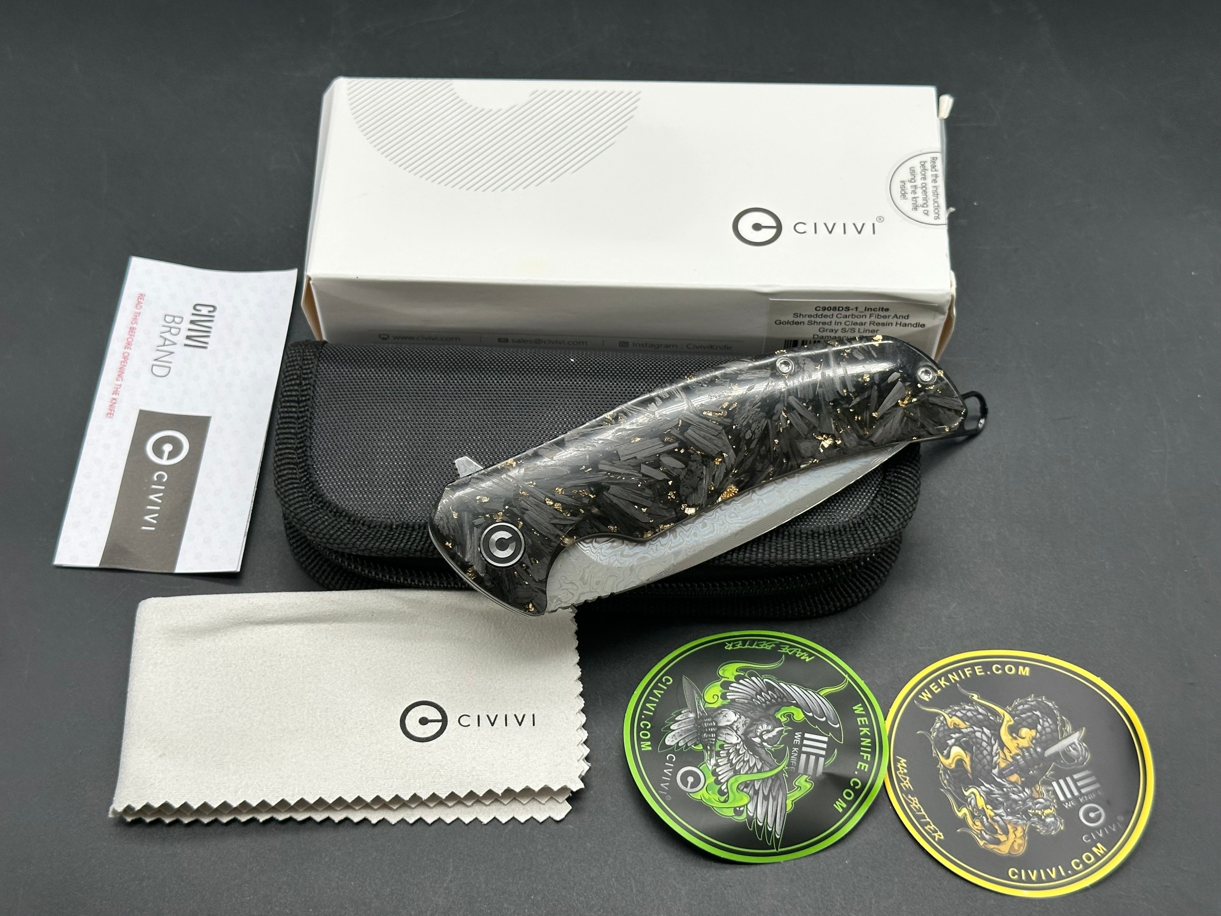 Civivi Incite Shredded Carbon Fiber and Golden Shred in Clear Resin