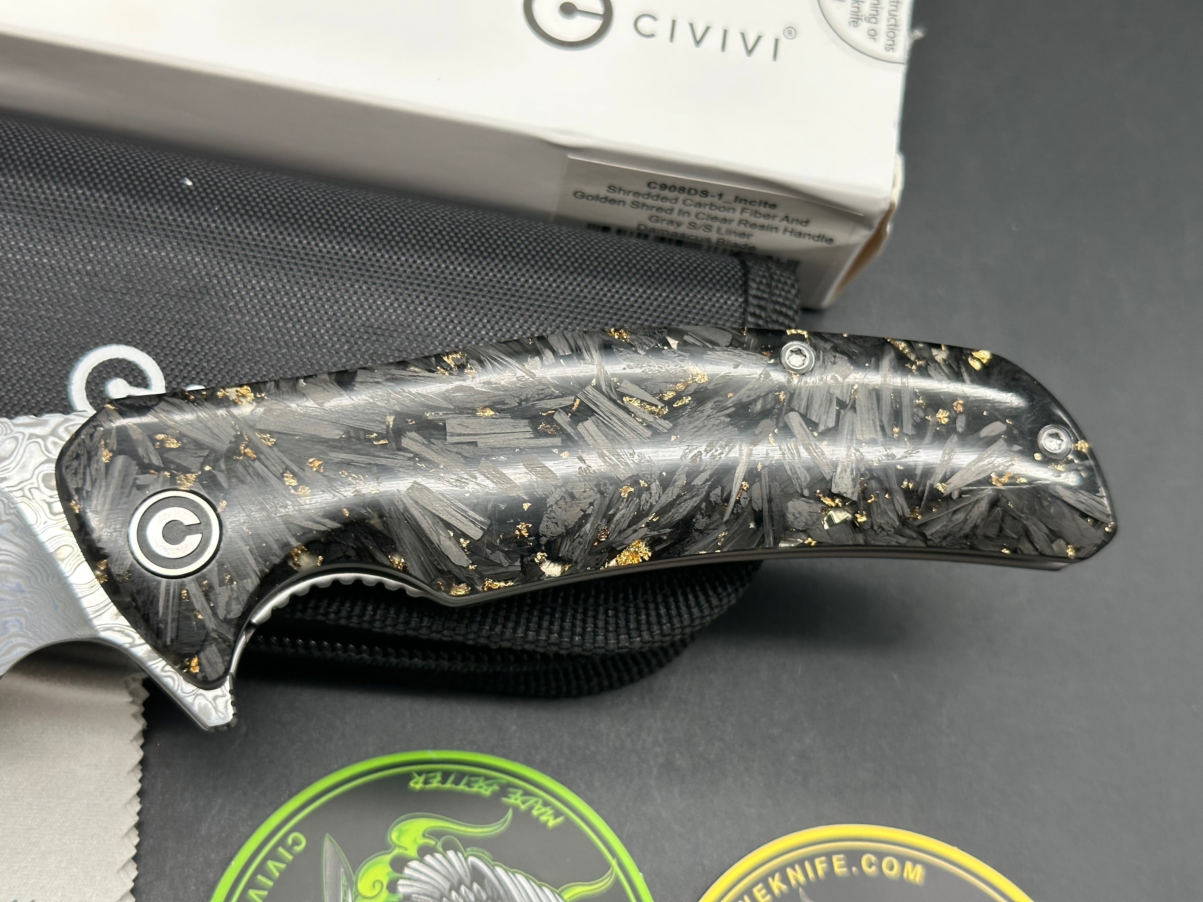 Civivi Incite Shredded Carbon Fiber and Golden Shred in Clear Resin