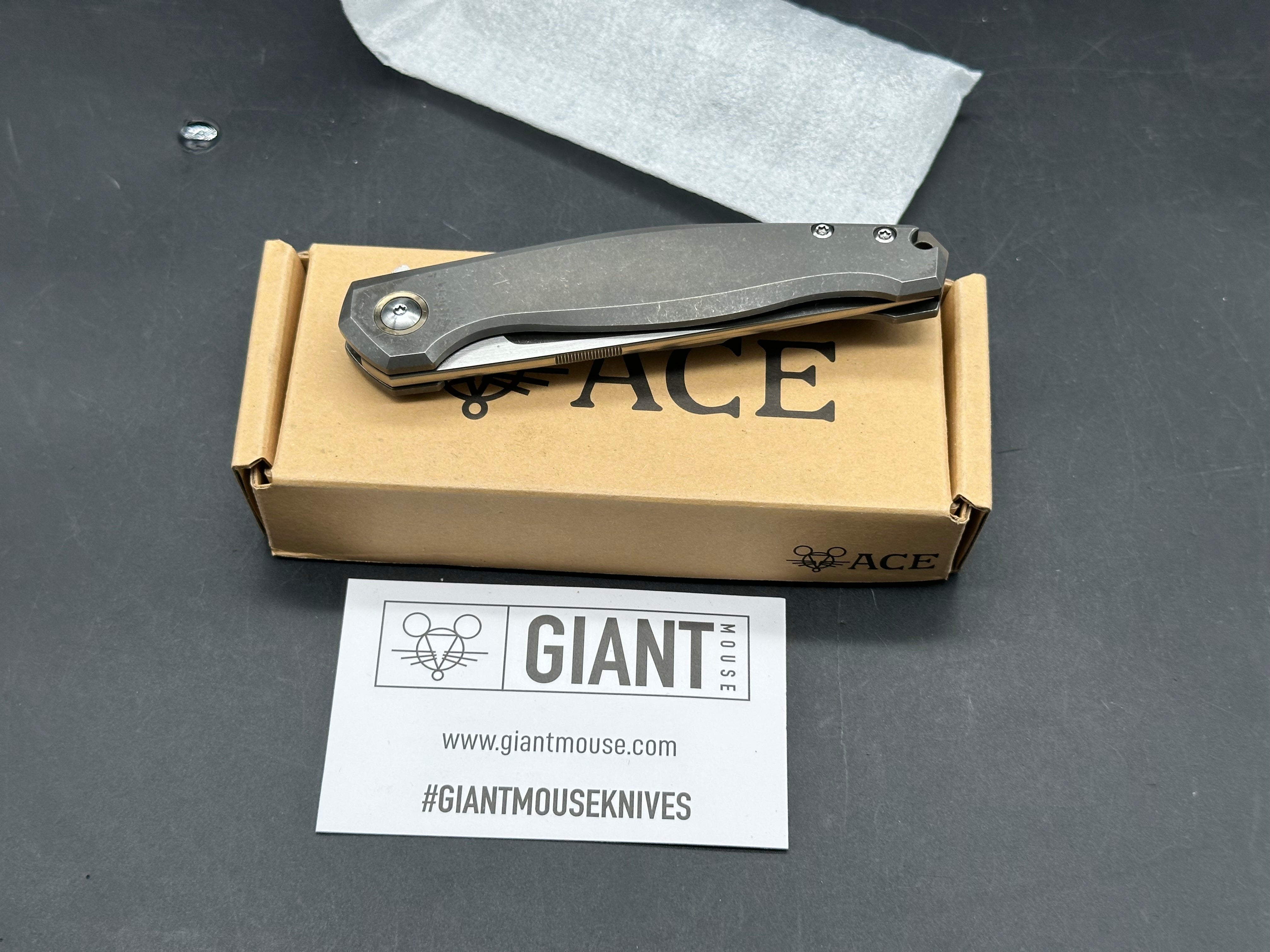 Giant Mouse Sonoma 3.5 inch satin, drop point M390 blade. Titanium stonewashed handles