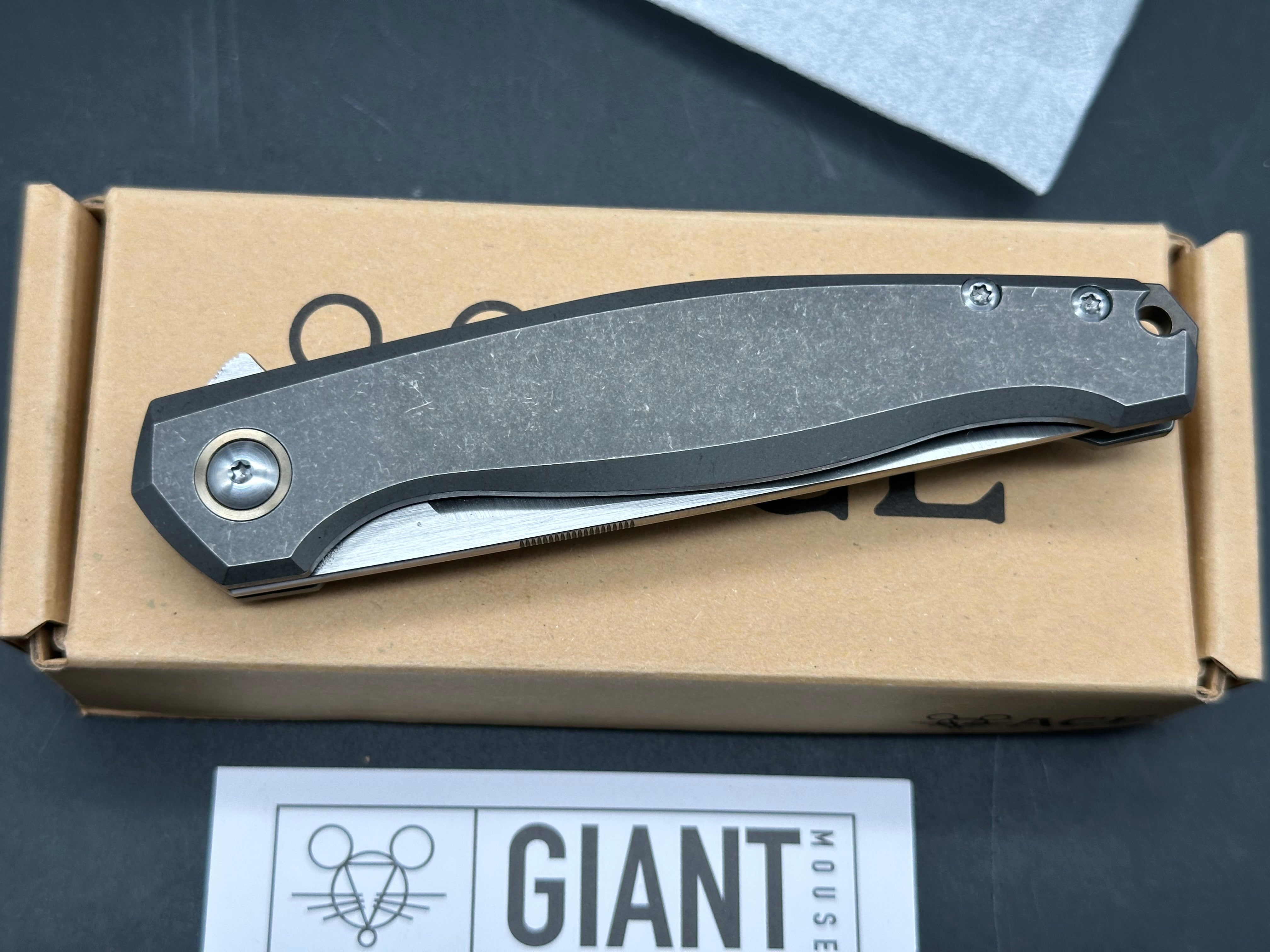 Giant Mouse Sonoma 3.5 inch satin, drop point M390 blade. Titanium stonewashed handles