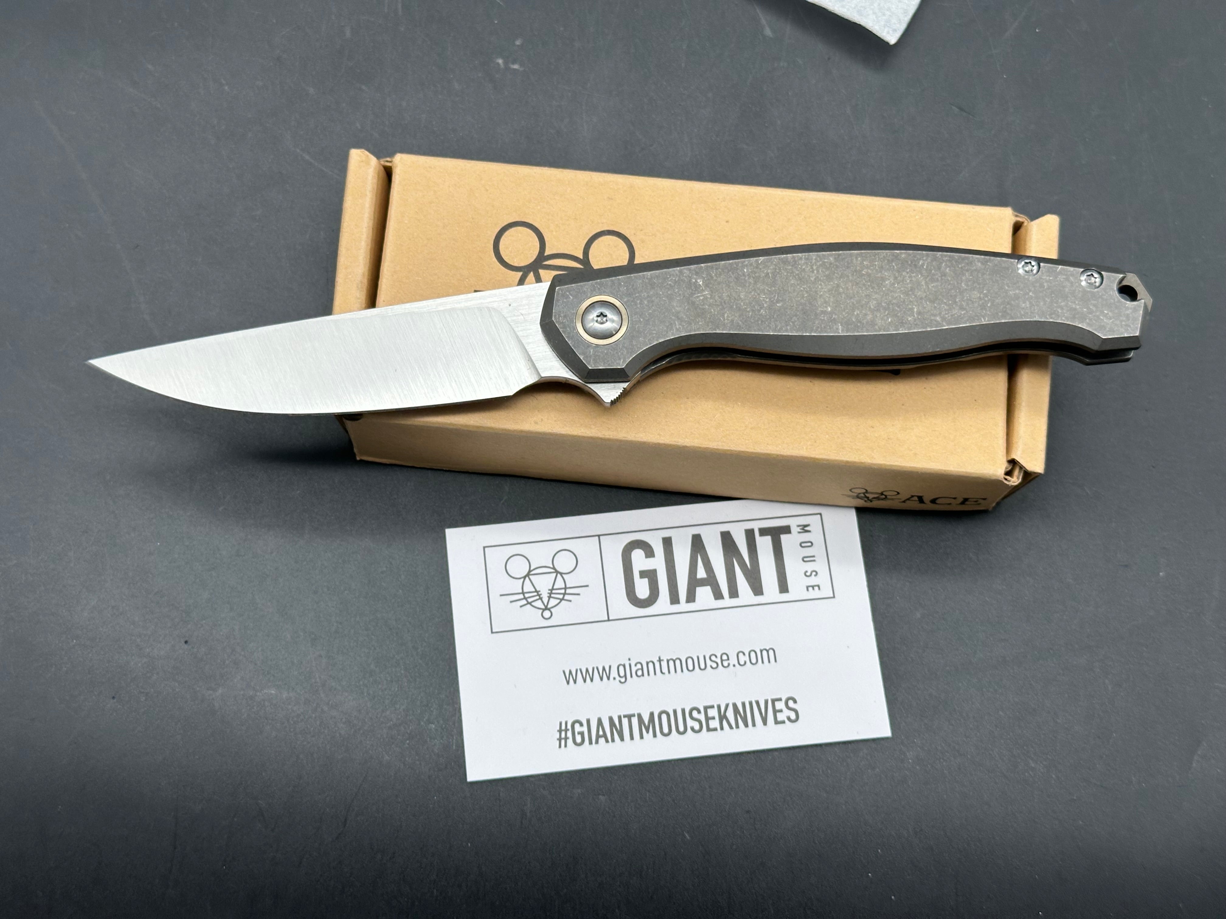 Giant Mouse Sonoma 3.5 inch satin, drop point M390 blade. Titanium stonewashed handles