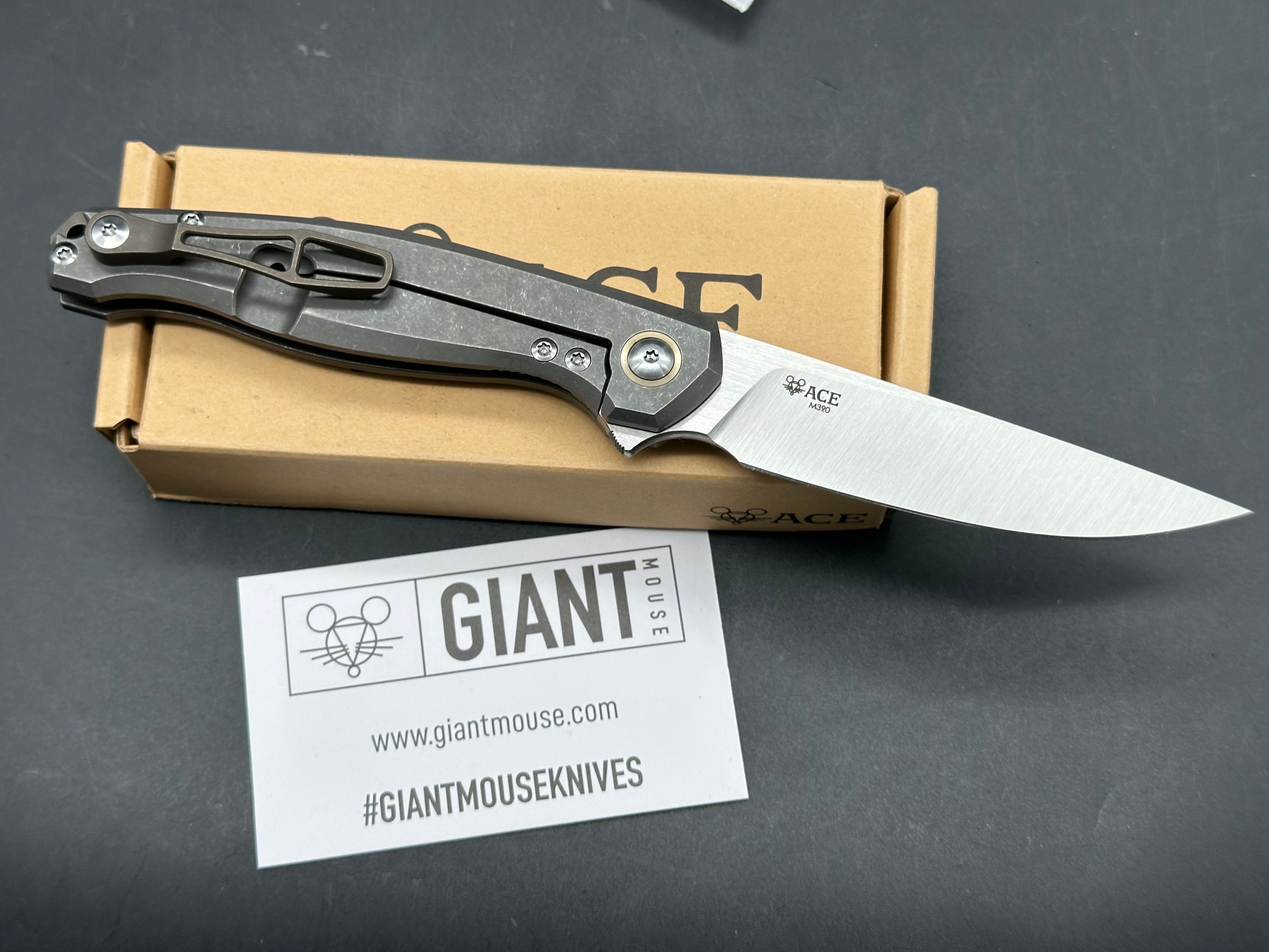 Giant Mouse Sonoma 3.5 inch satin, drop point M390 blade. Titanium stonewashed handles