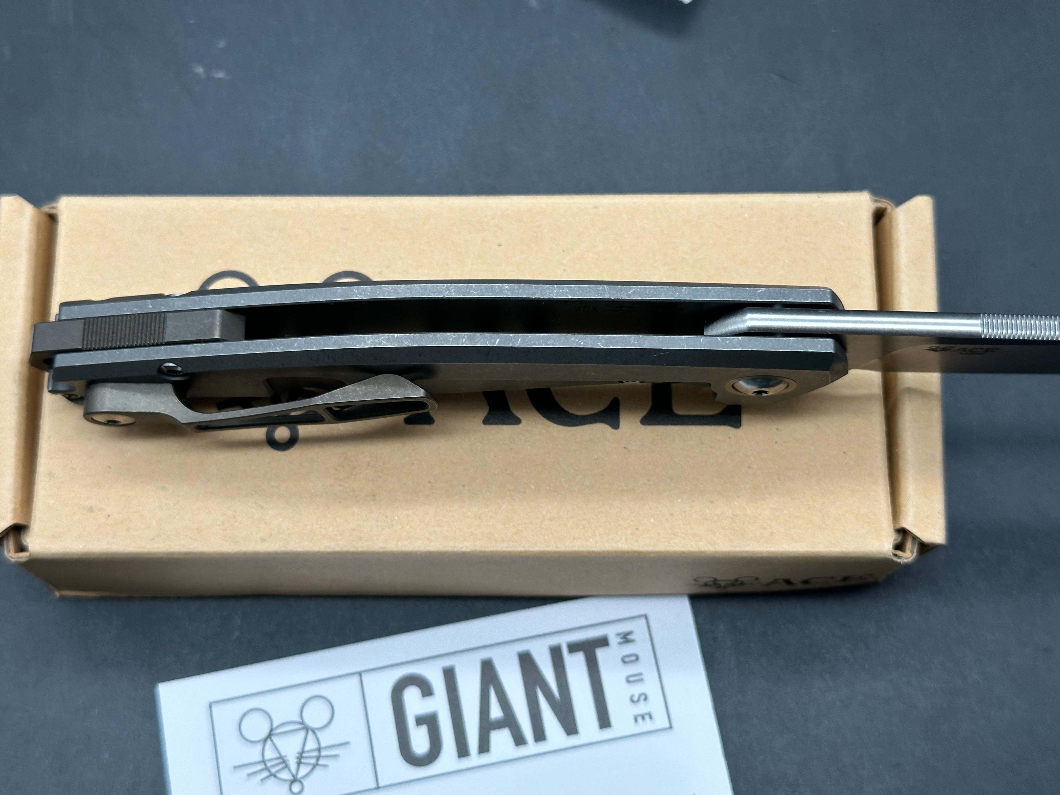 Giant Mouse Sonoma 3.5 inch satin, drop point M390 blade. Titanium stonewashed handles