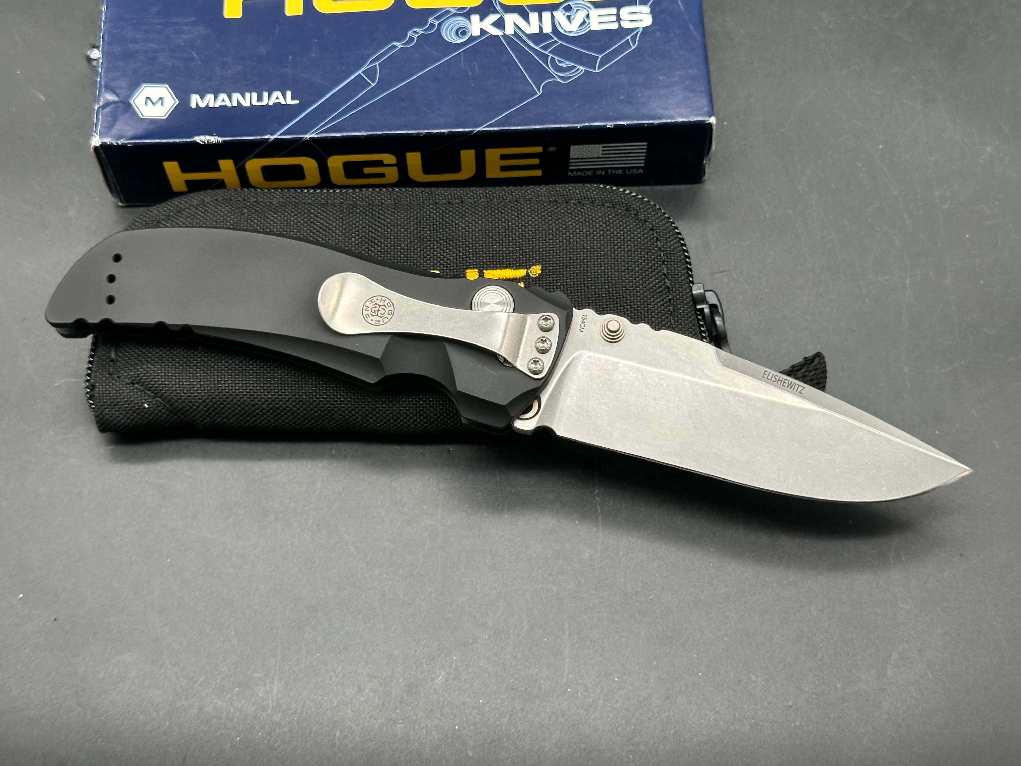 Hogue EX-01 Allen Elishewitz design. 4 inch drop point, tumbled finish 154CM blade. Black aluminum handle