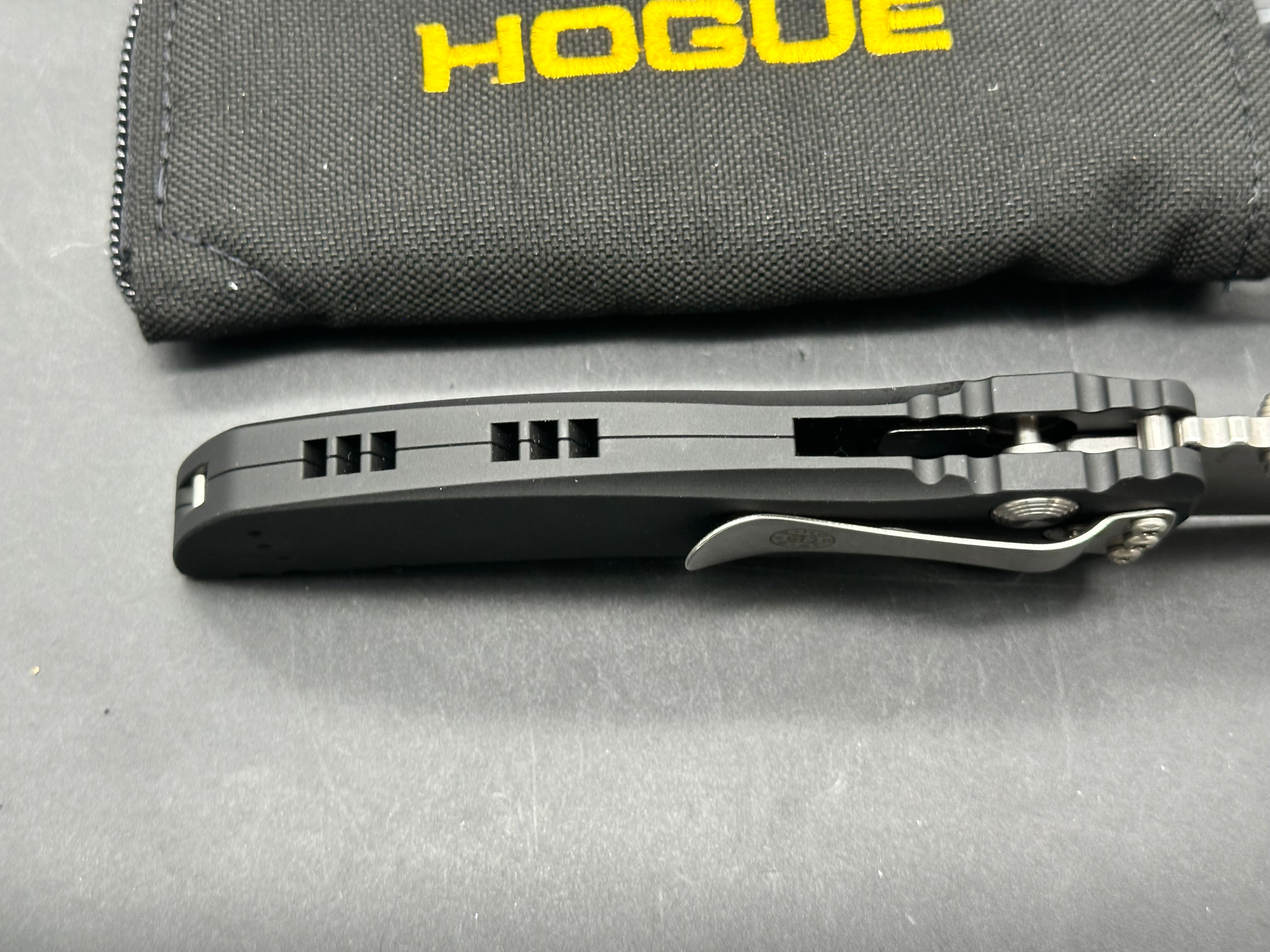 Hogue EX-01 Allen Elishewitz design. 4 inch drop point, tumbled finish 154CM blade. Black aluminum handle