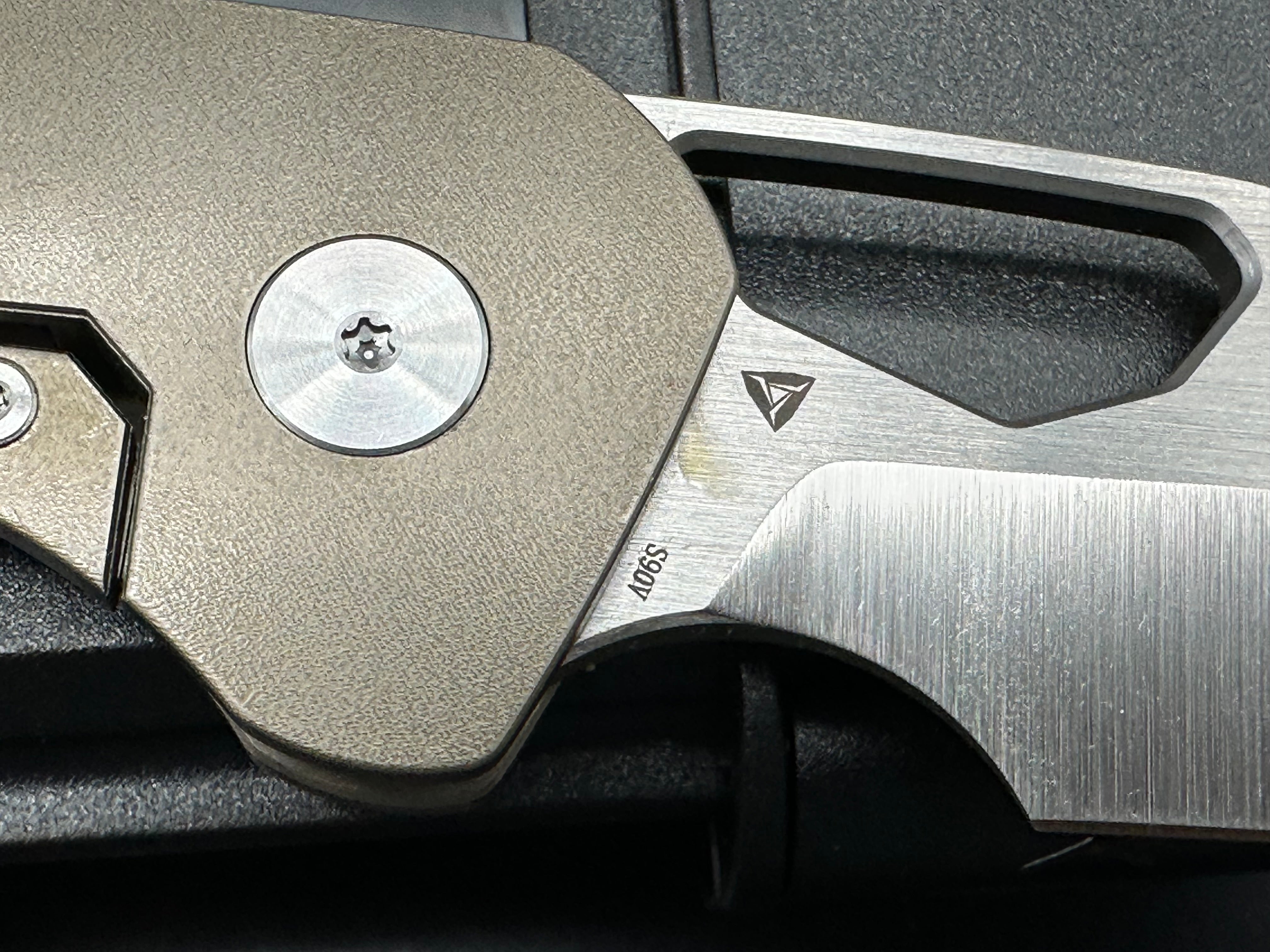 Tuyaknife Voodoo 3.25 inch satin finish Wharncliffe CPM-S90V blade. Orange peel titanium handle