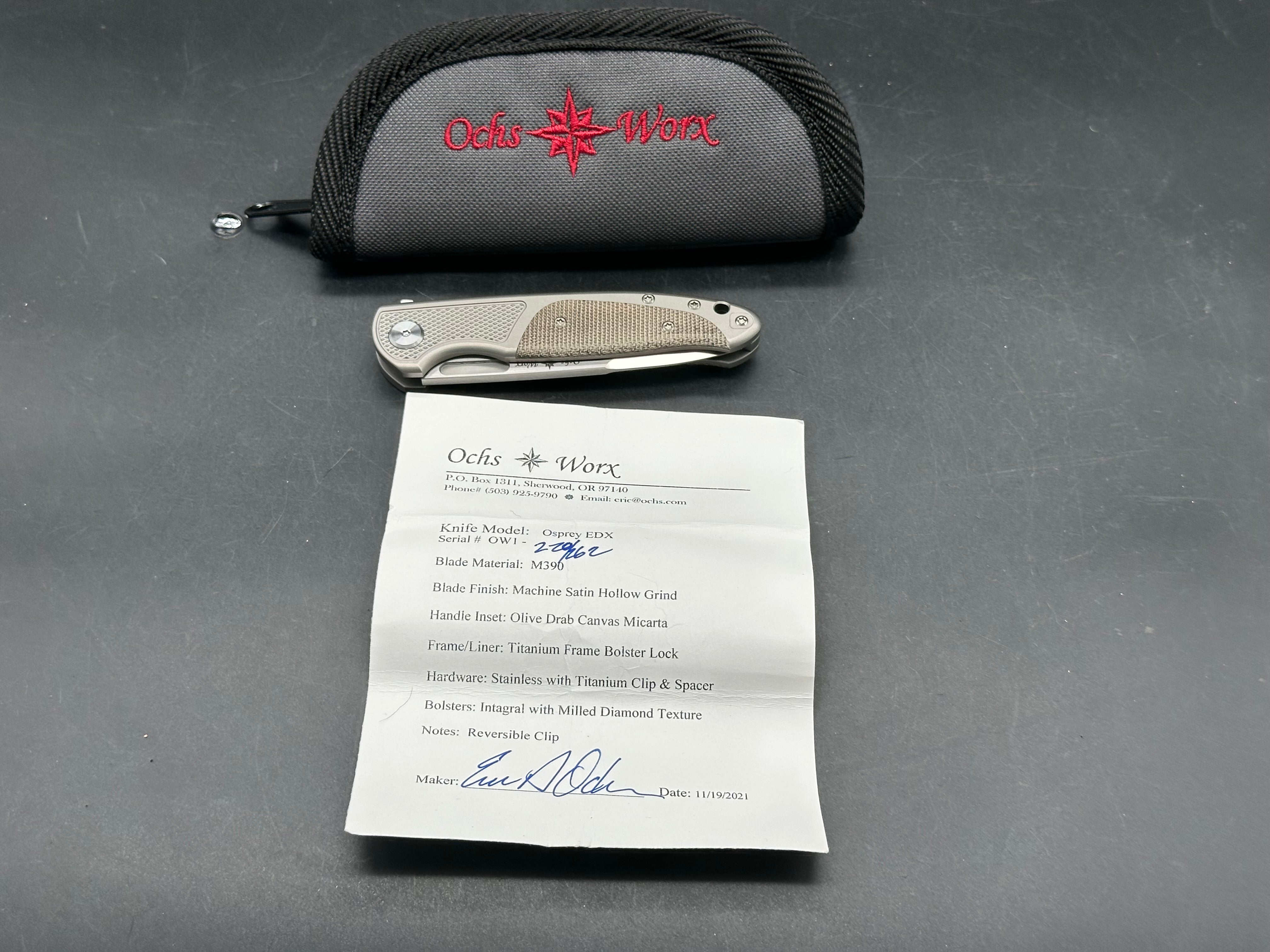 Ochs Worx Osprey EDX. Designed by Eric Ochs, 3.25 inch hollow grind, satin finish Bohler M390 two tone blade