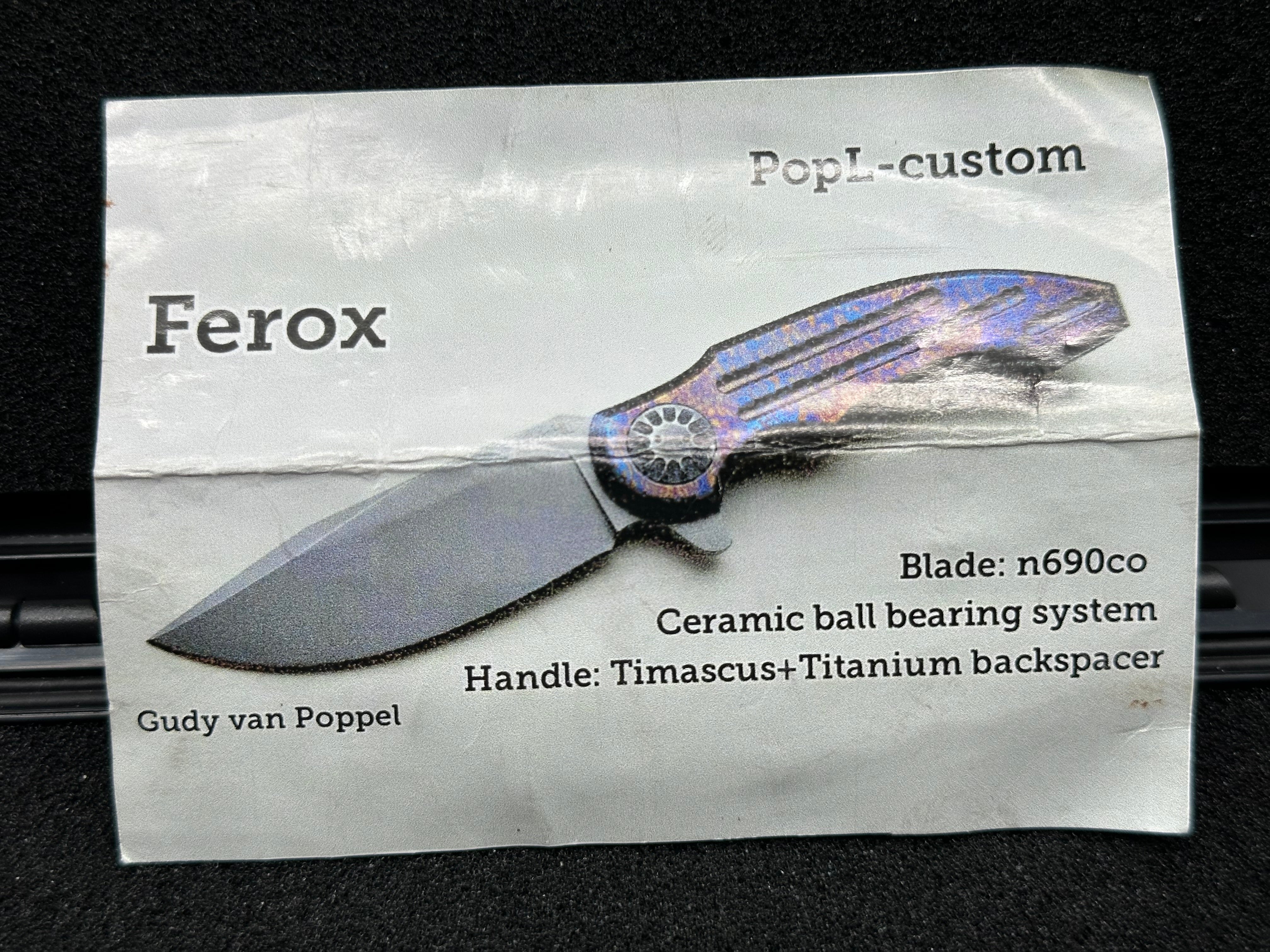 Gudy Van Poppel Ferox 3.5 inch acid washed clip point N360 blade Milled Timascus frame