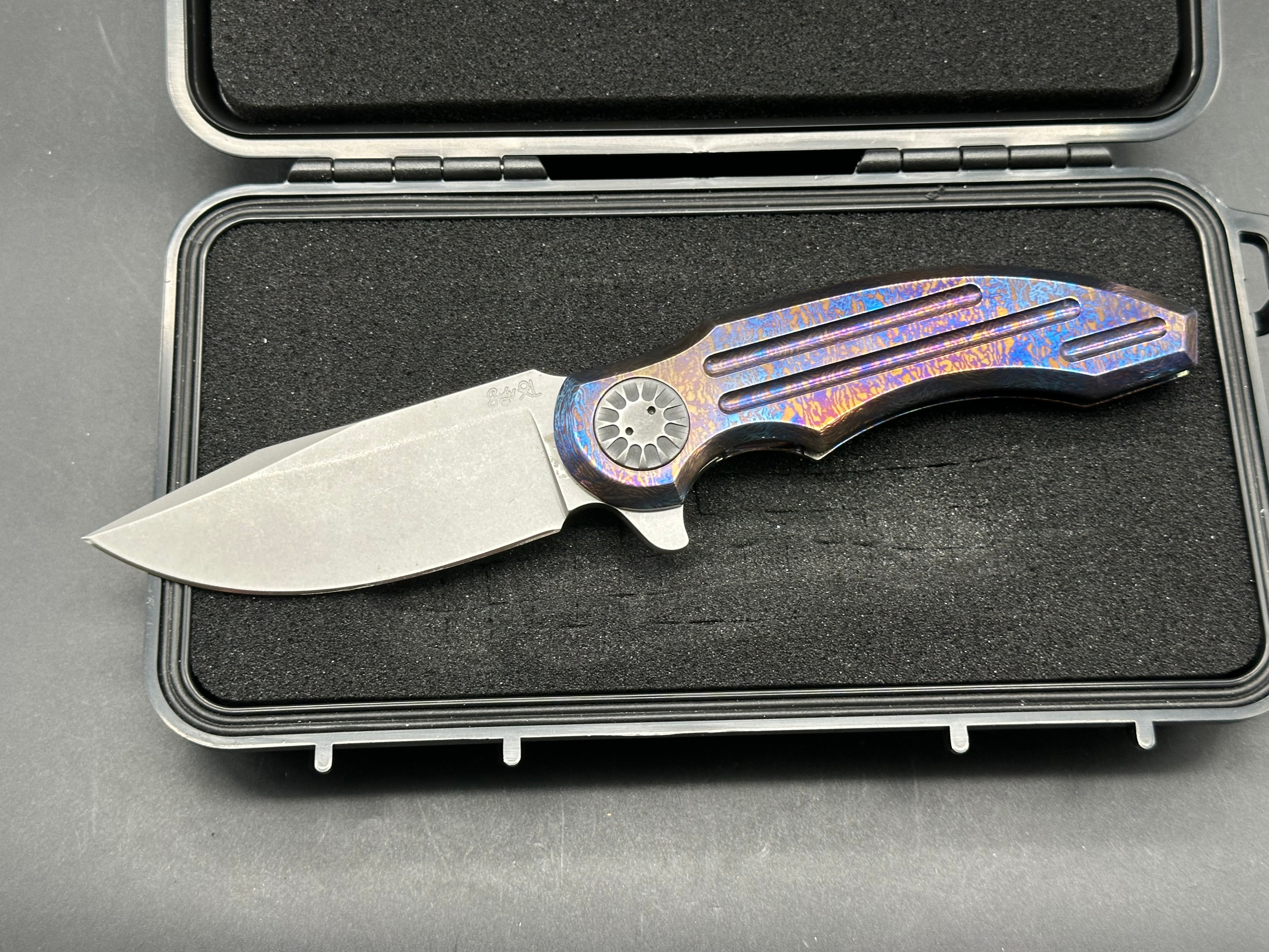 Gudy Van Poppel Ferox 3.5 inch acid washed clip point N360 blade Milled Timascus frame