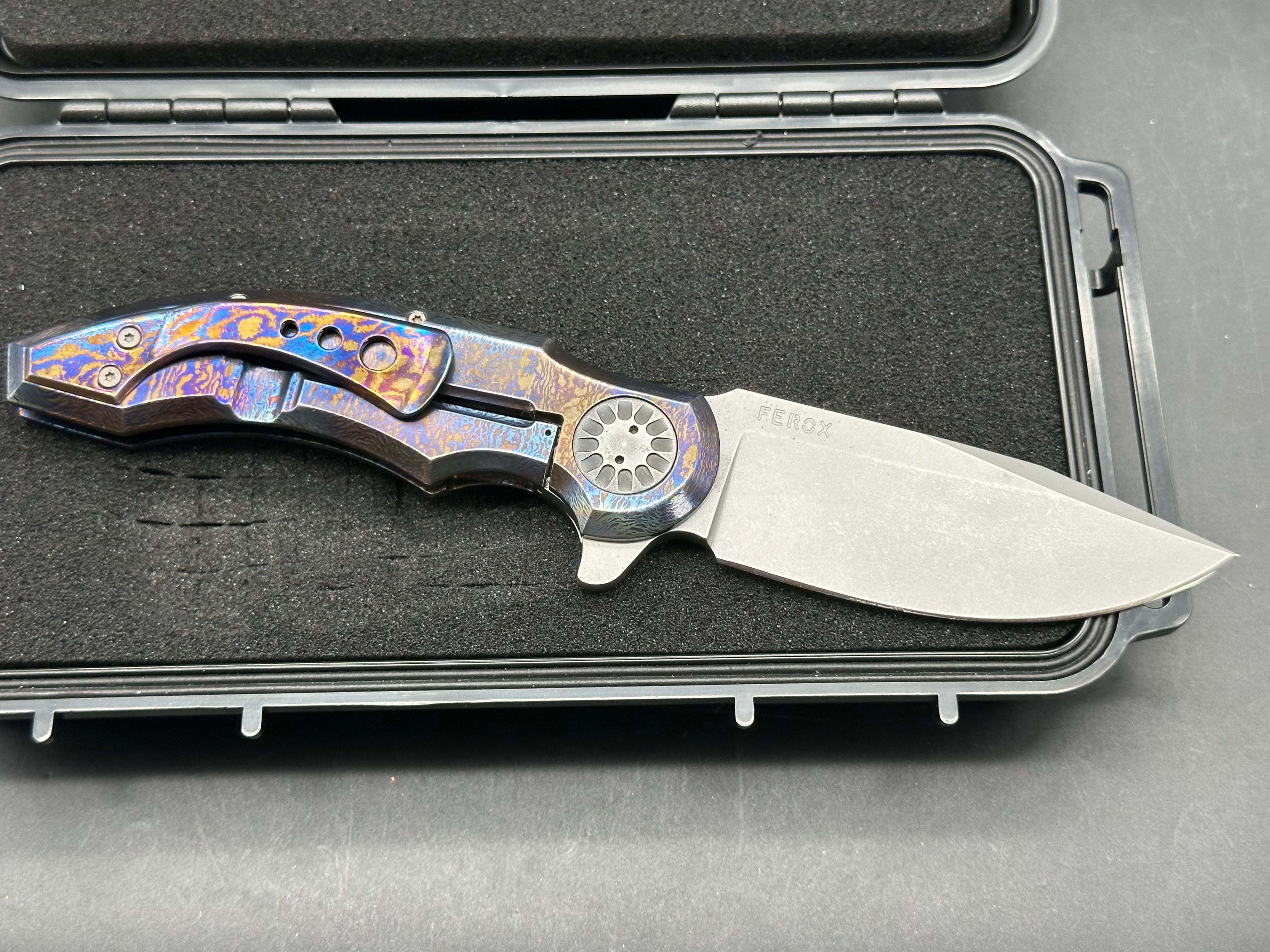 Gudy Van Poppel Ferox 3.5 inch acid washed clip point N360 blade Milled Timascus frame