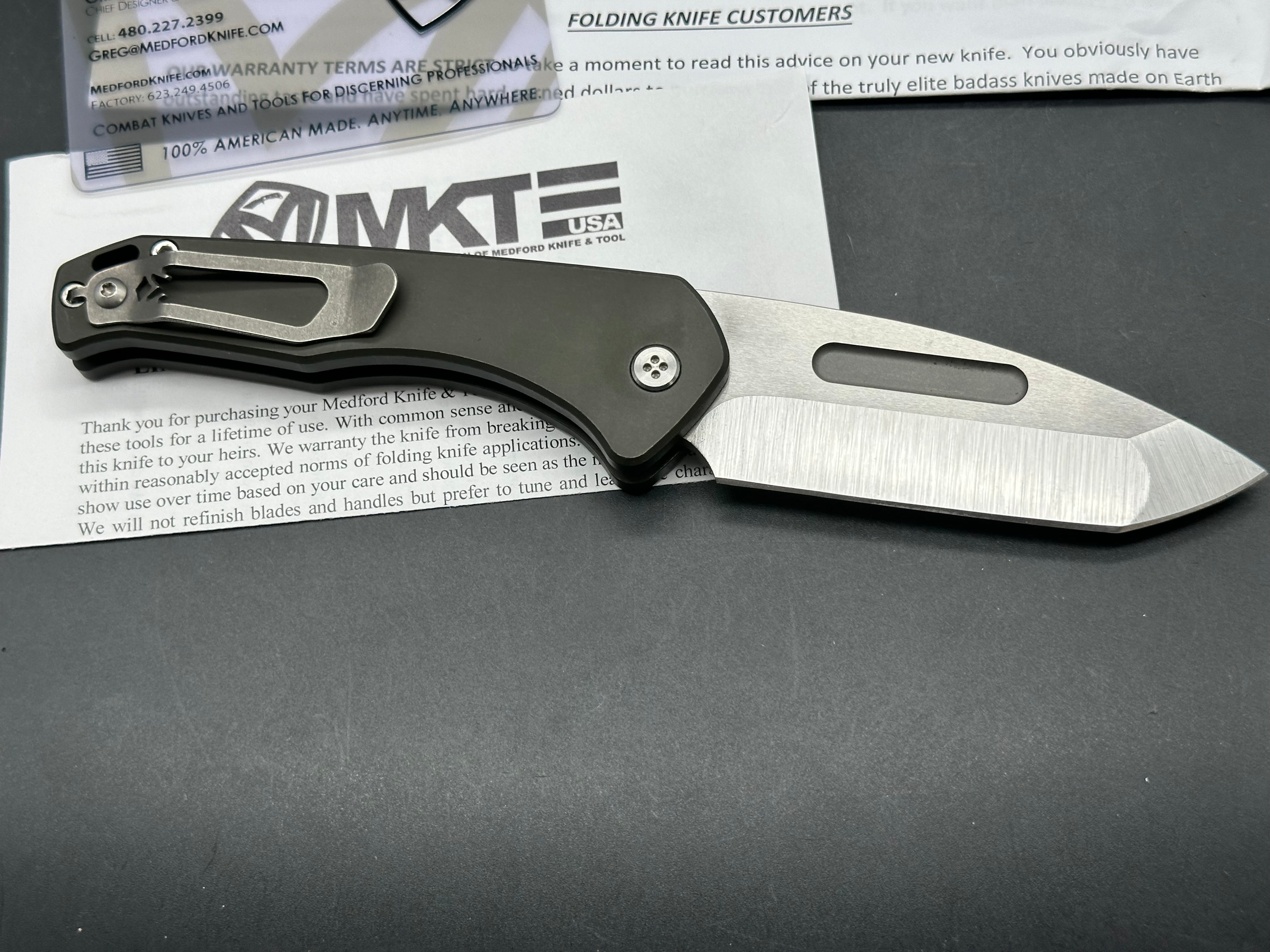 Medford Knife and Tool Praetorian Swift Auto 3.25 inch tumbled, drop point CPM-S35VN blade with large fullers