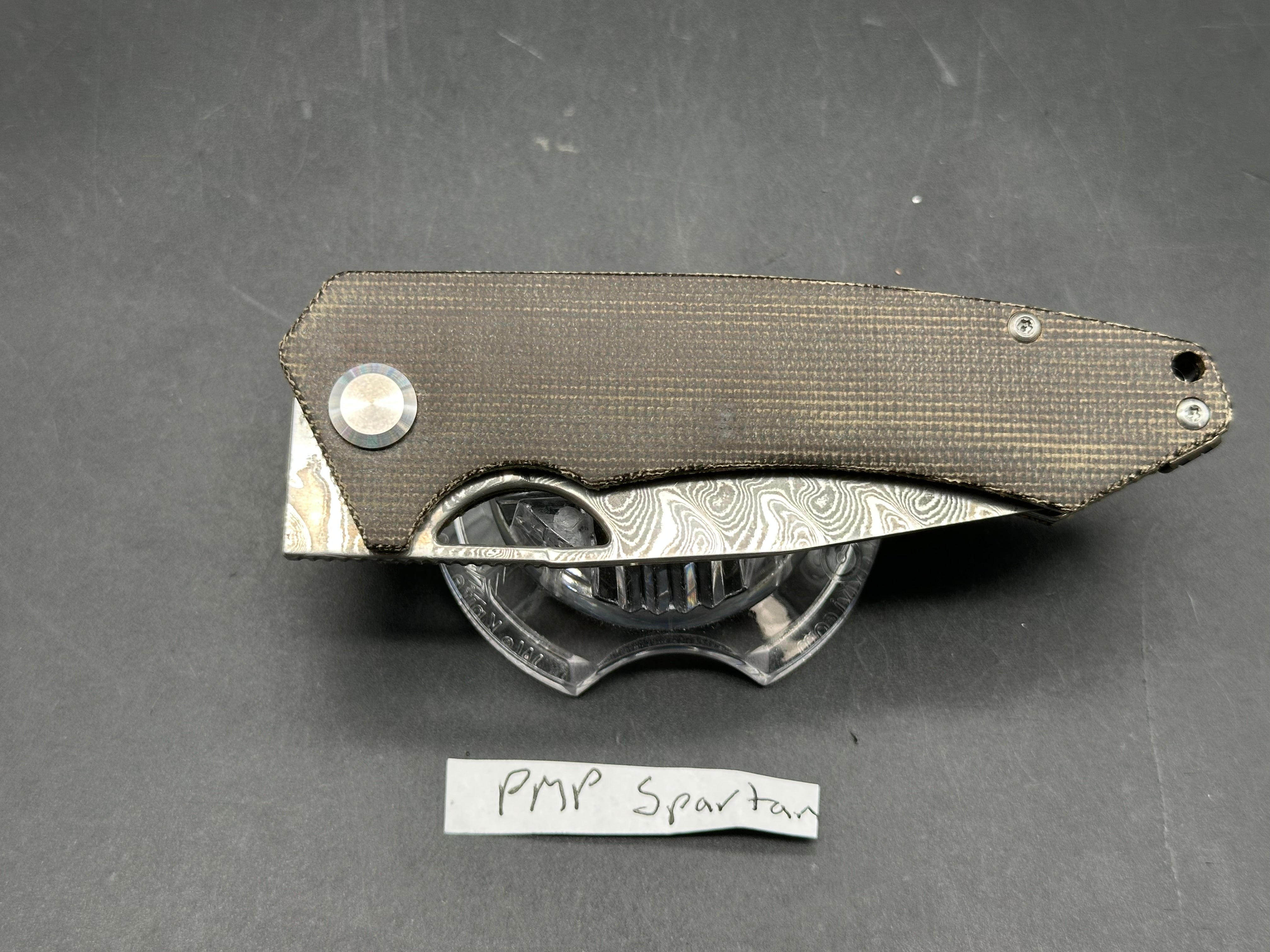 PMP Knives Spartan 3.25 inch stonewashed Bohler N690 Damascus blade. Micarta scales
