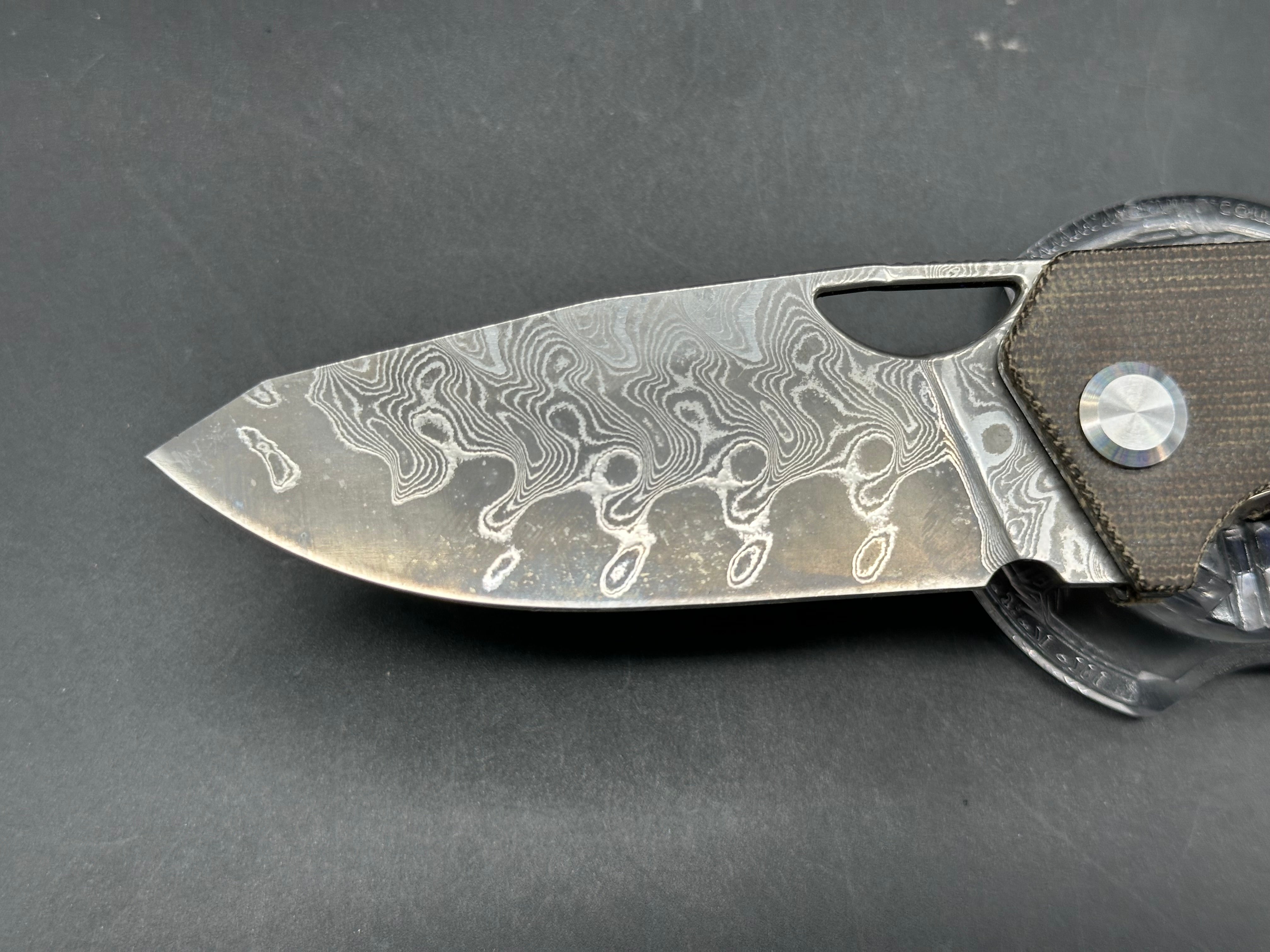 PMP Knives Spartan 3.25 inch stonewashed Bohler N690 Damascus blade. Micarta scales
