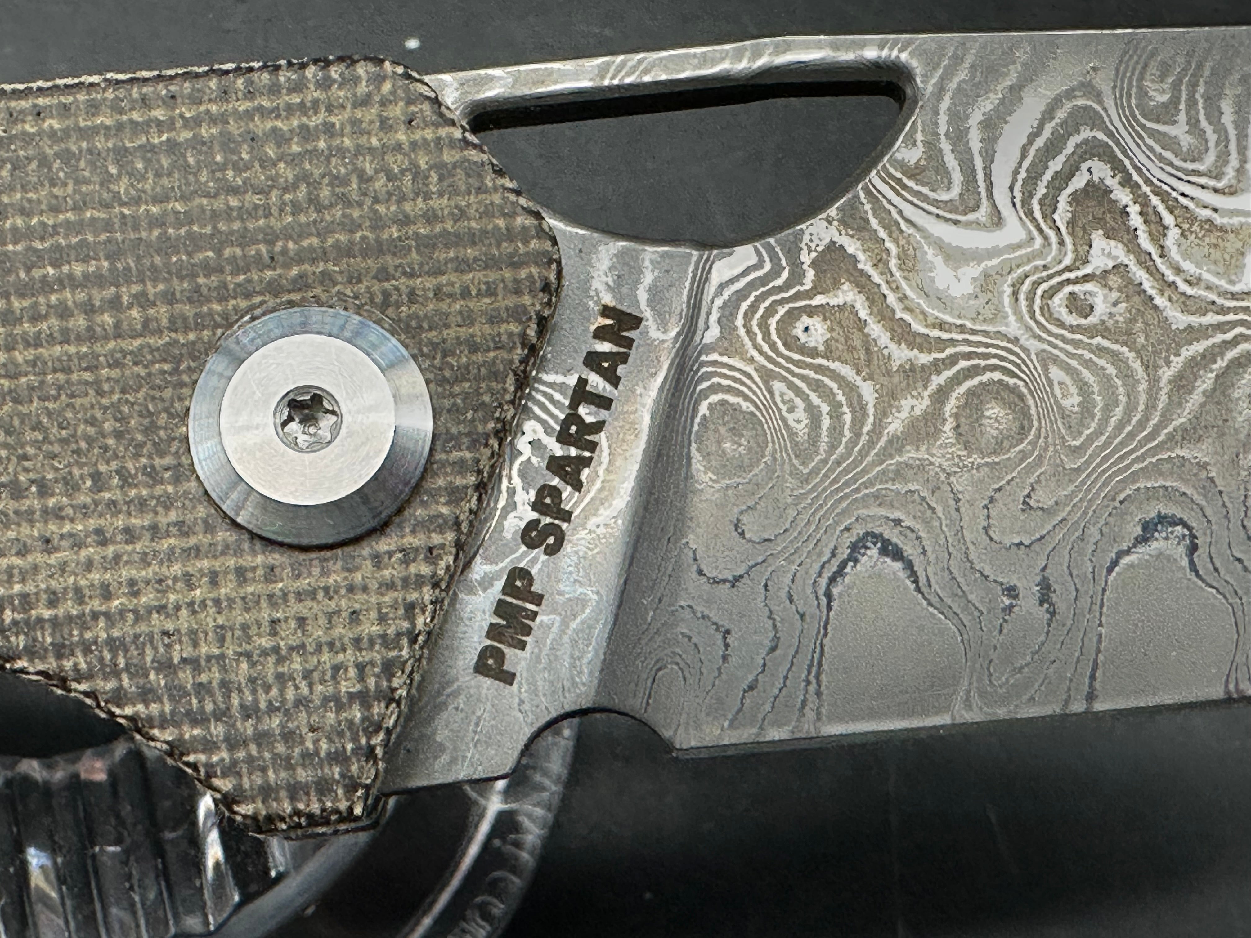 PMP Knives Spartan 3.25 inch stonewashed Bohler N690 Damascus blade. Micarta scales