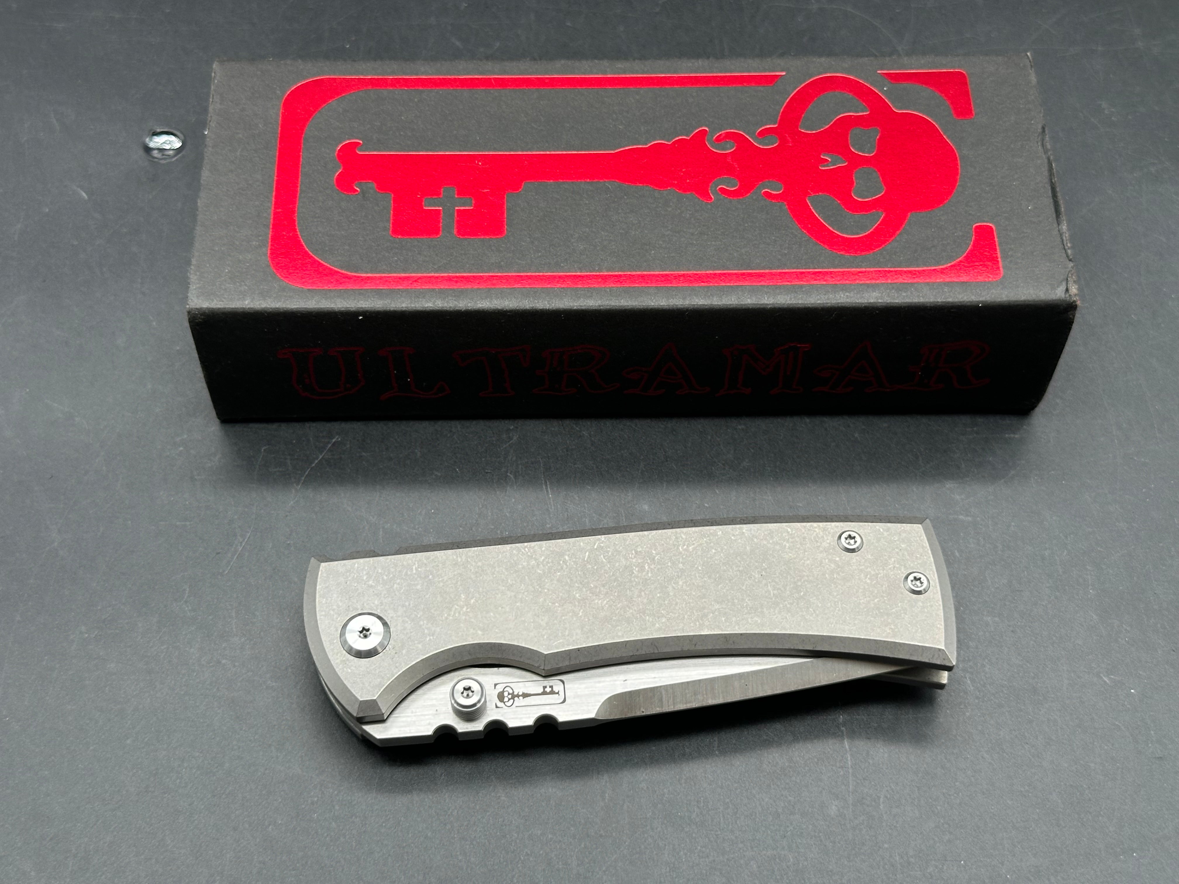Chaves Redencion 229 3.625 inch drop point, satin finish, stonewashed Bohler M390 blade. Titanium frame