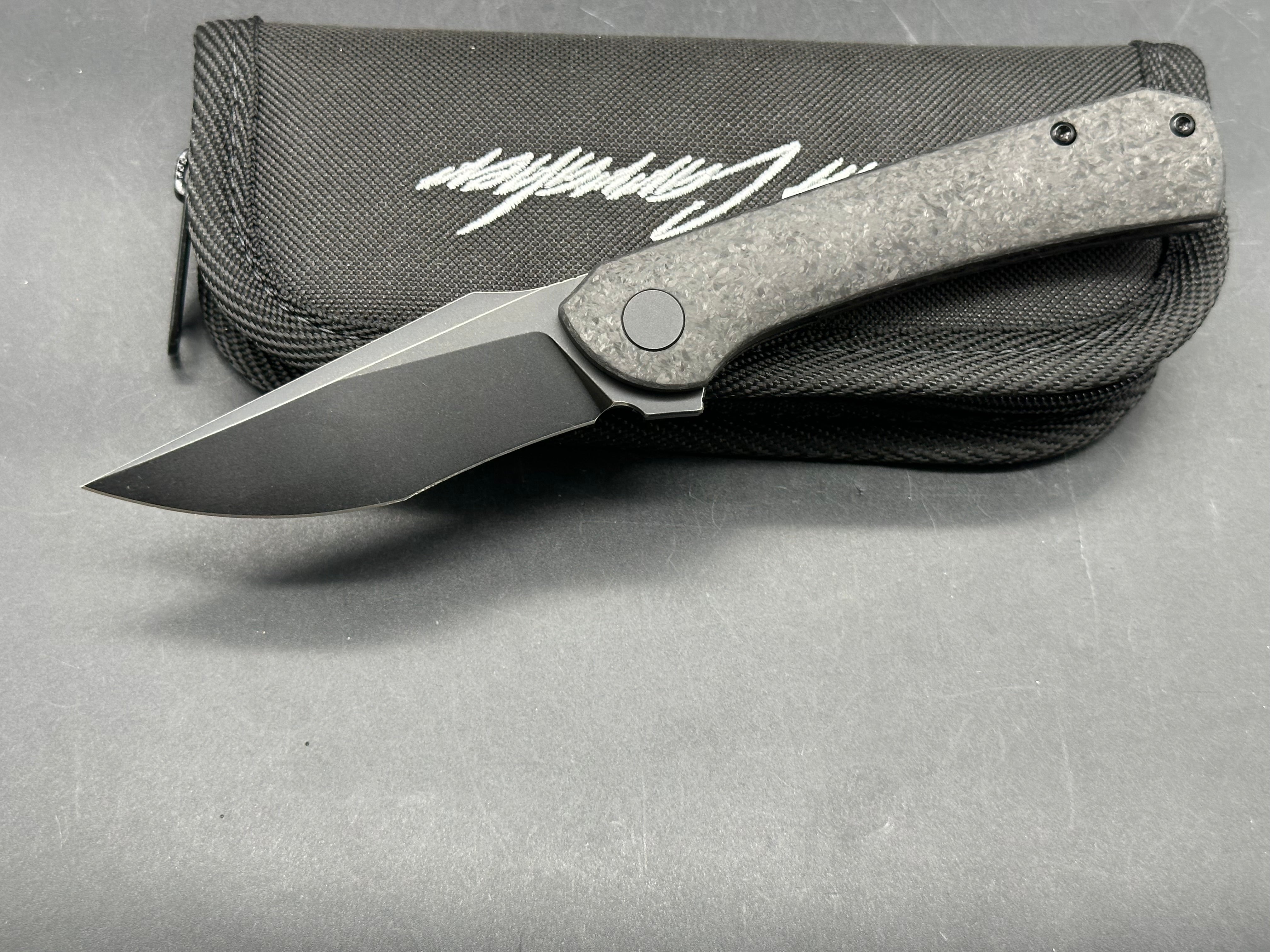 Daniel Carraher Jax 3.3 inch blackwashed PVD Bohler M390 blade. Carbon fiber scales