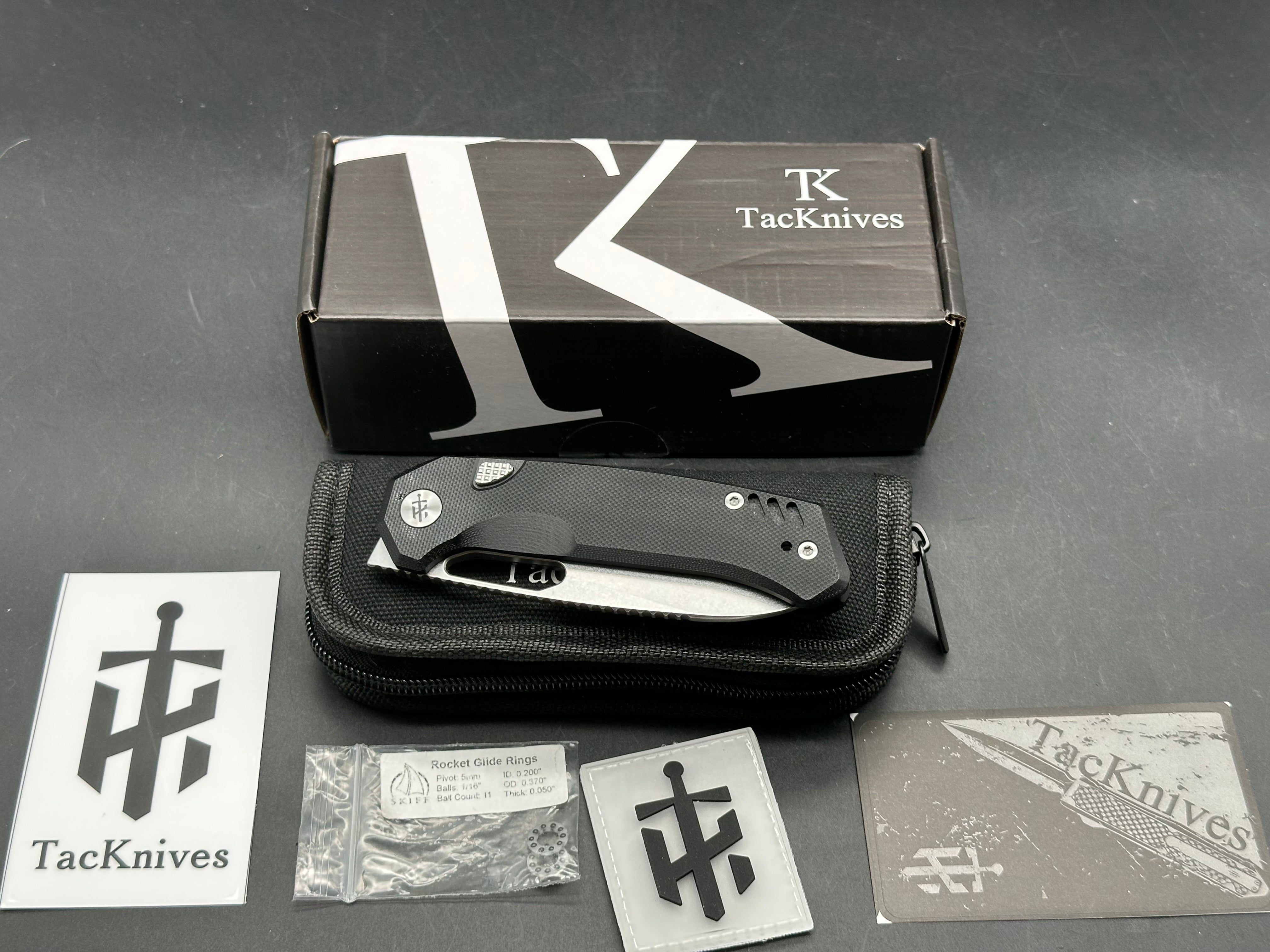 TacKnives SunSPear 3.4" 14C28N Stonewash Blade with Black G10 Scales and Button Liner Lock plus Skiff Bearings Installed