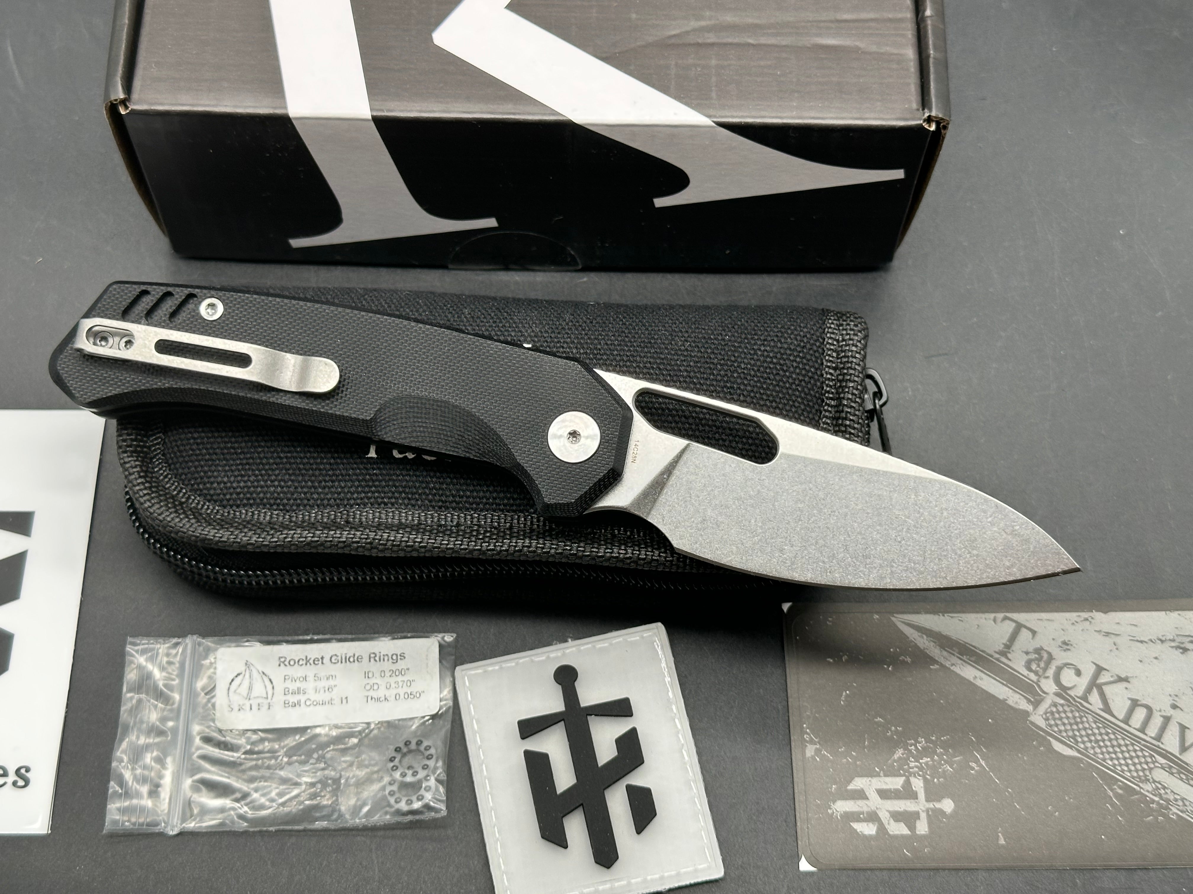 TacKnives SunSPear 3.4" 14C28N Stonewash Blade with Black G10 Scales and Button Liner Lock plus Skiff Bearings Installed