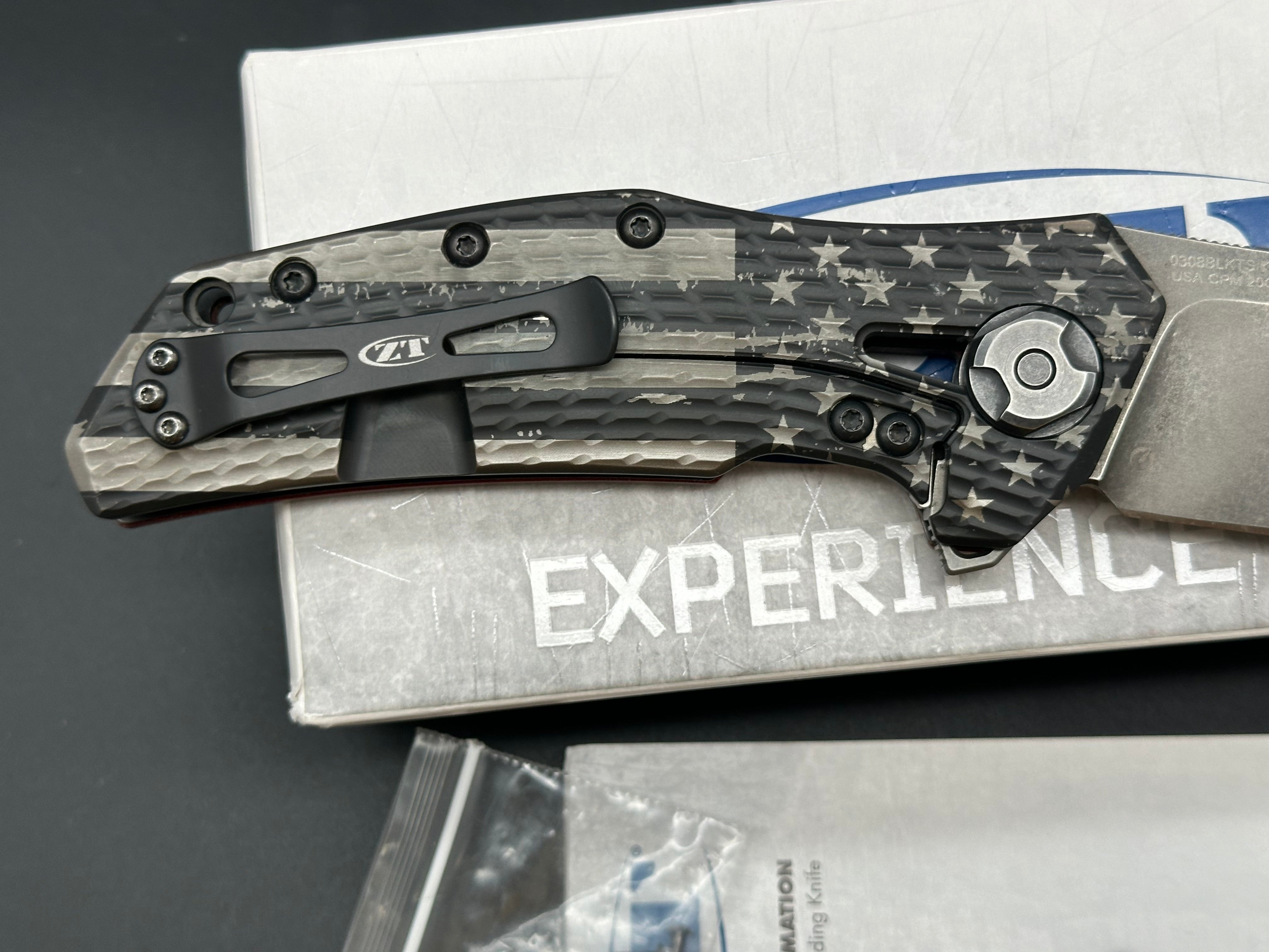 Zero Tolerance ZT0308BLKTS Battle Stars & Stripes Custom with Red Micarta Scale by LMF Knife