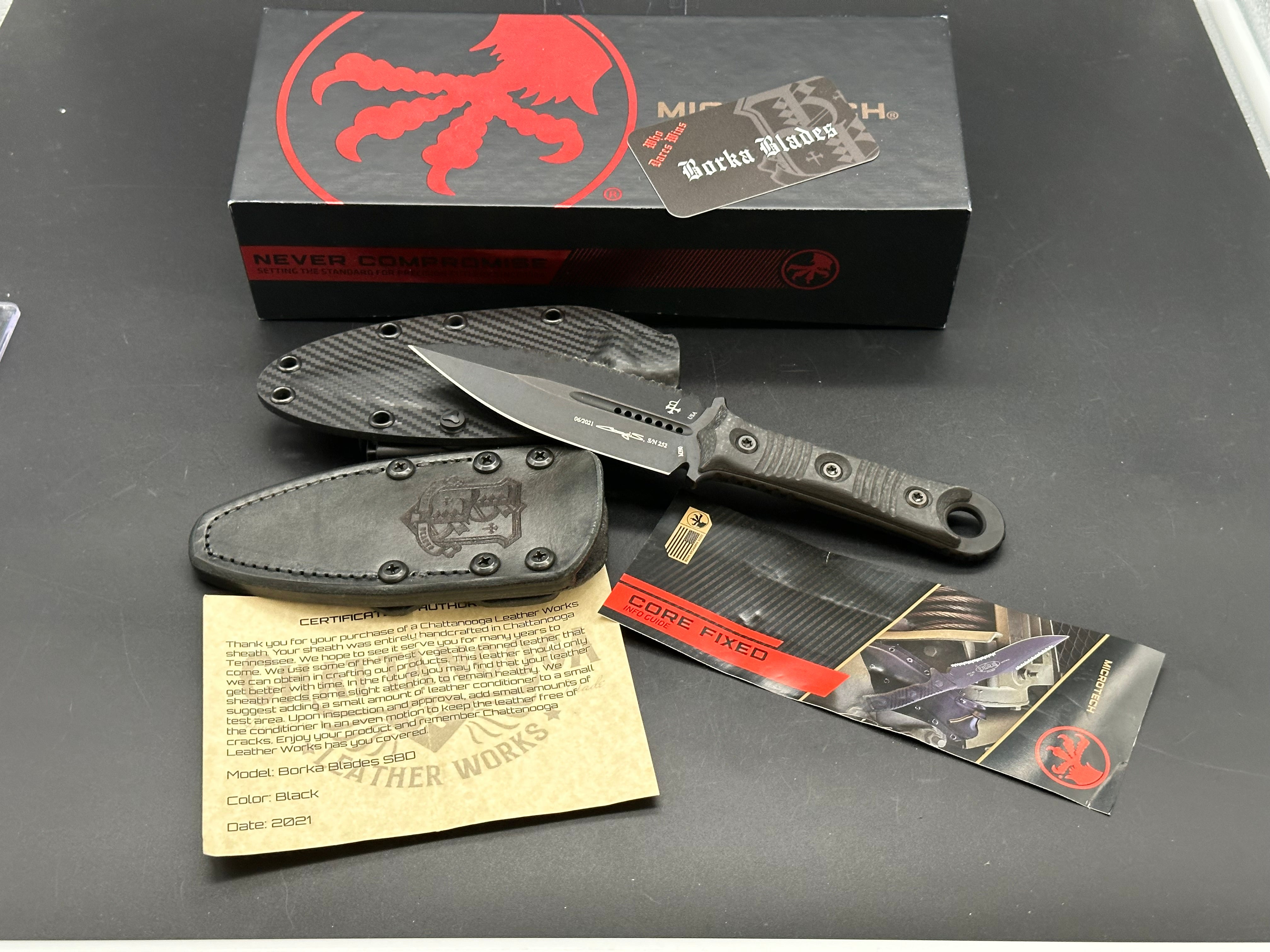 Microtech Borka SBD Dagger Fixed Blade Carbon Fiber DLC Full Serrated Signature Series