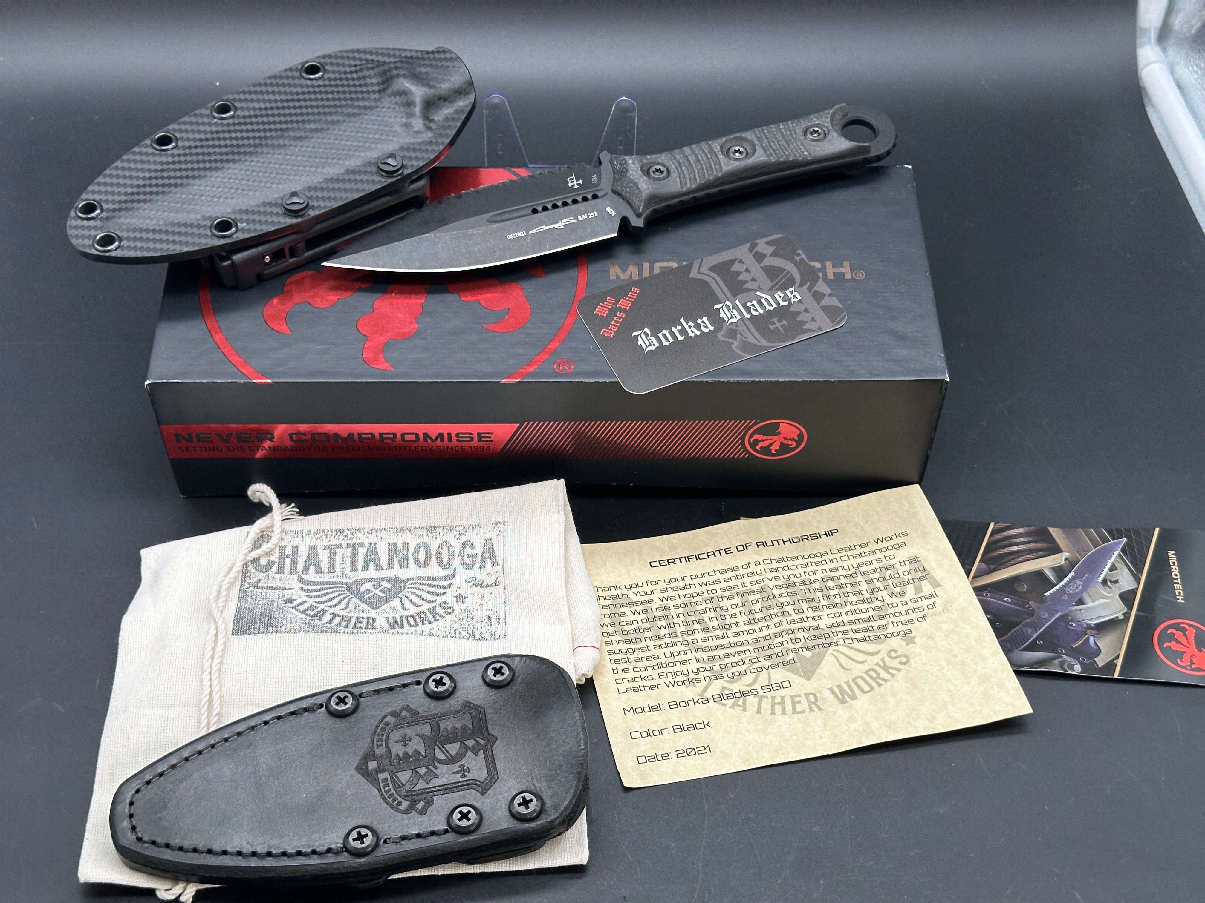 Microtech Borka SBD Dagger Fixed Blade Carbon Fiber DLC Full Serrated Signature Series