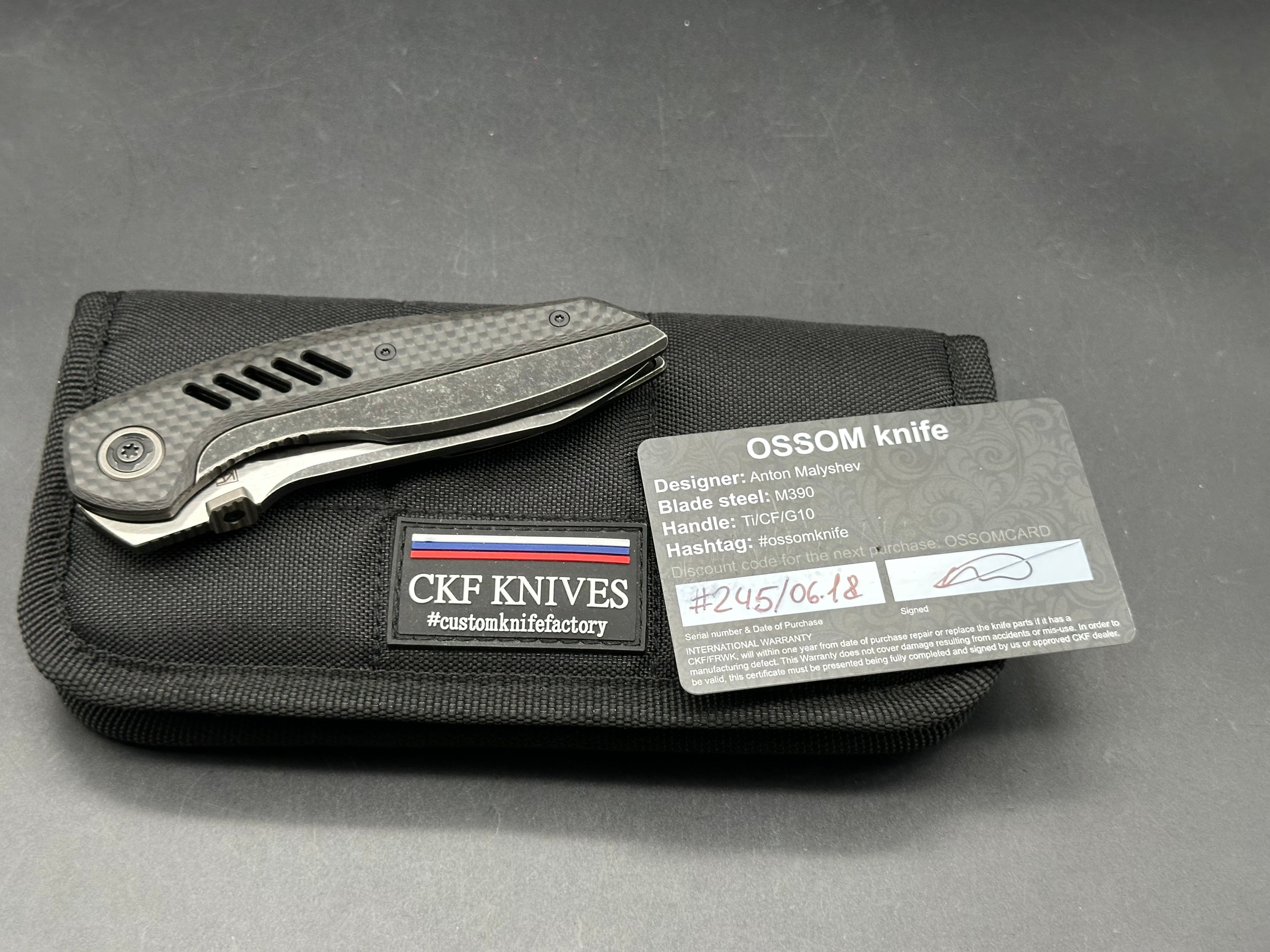 Custom Knife Factory Ossom CF/titanium handle w/M390 blade