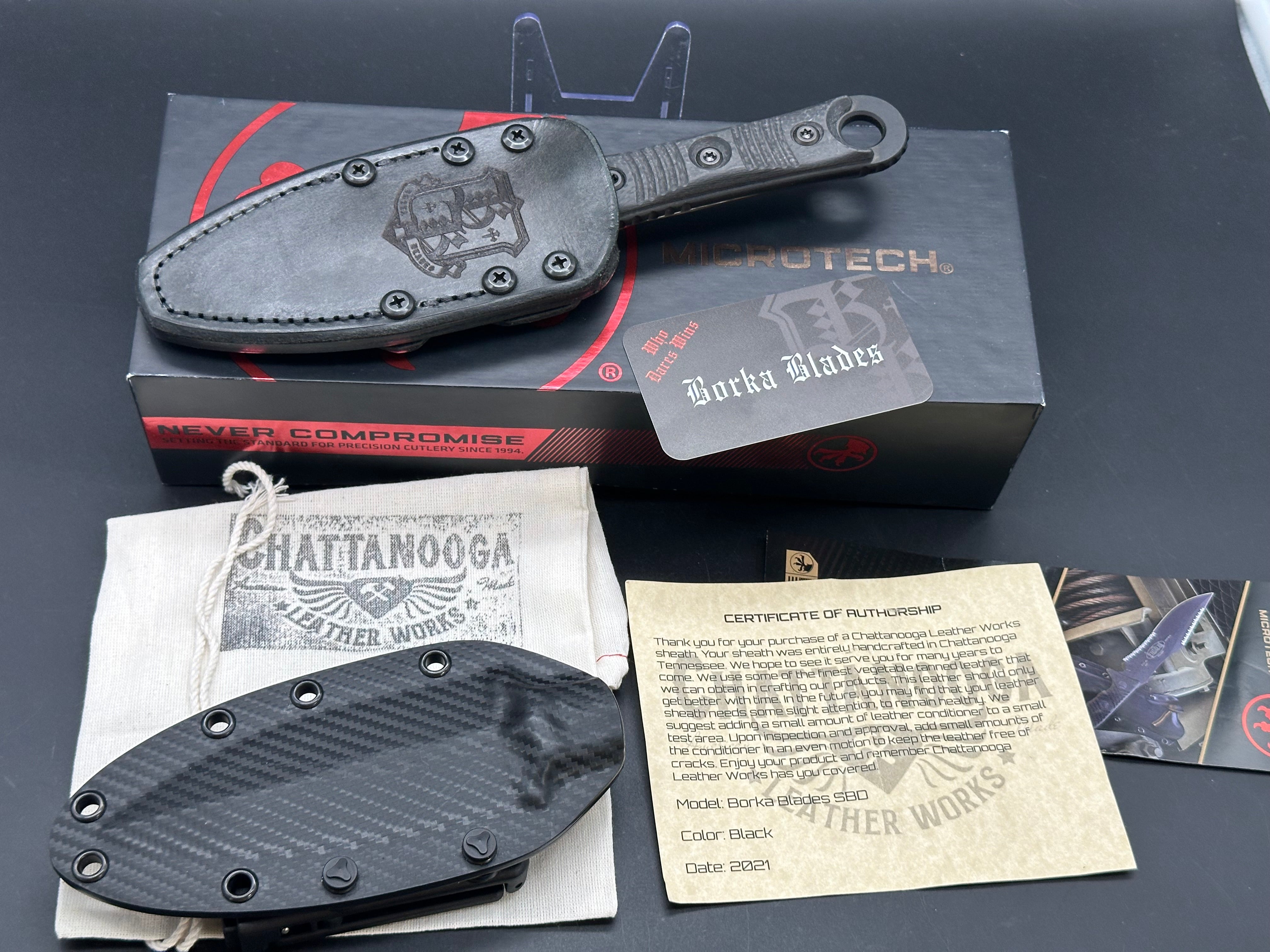 Microtech Borka SBD Dagger Fixed Blade Carbon Fiber DLC Full Serrated Signature Series