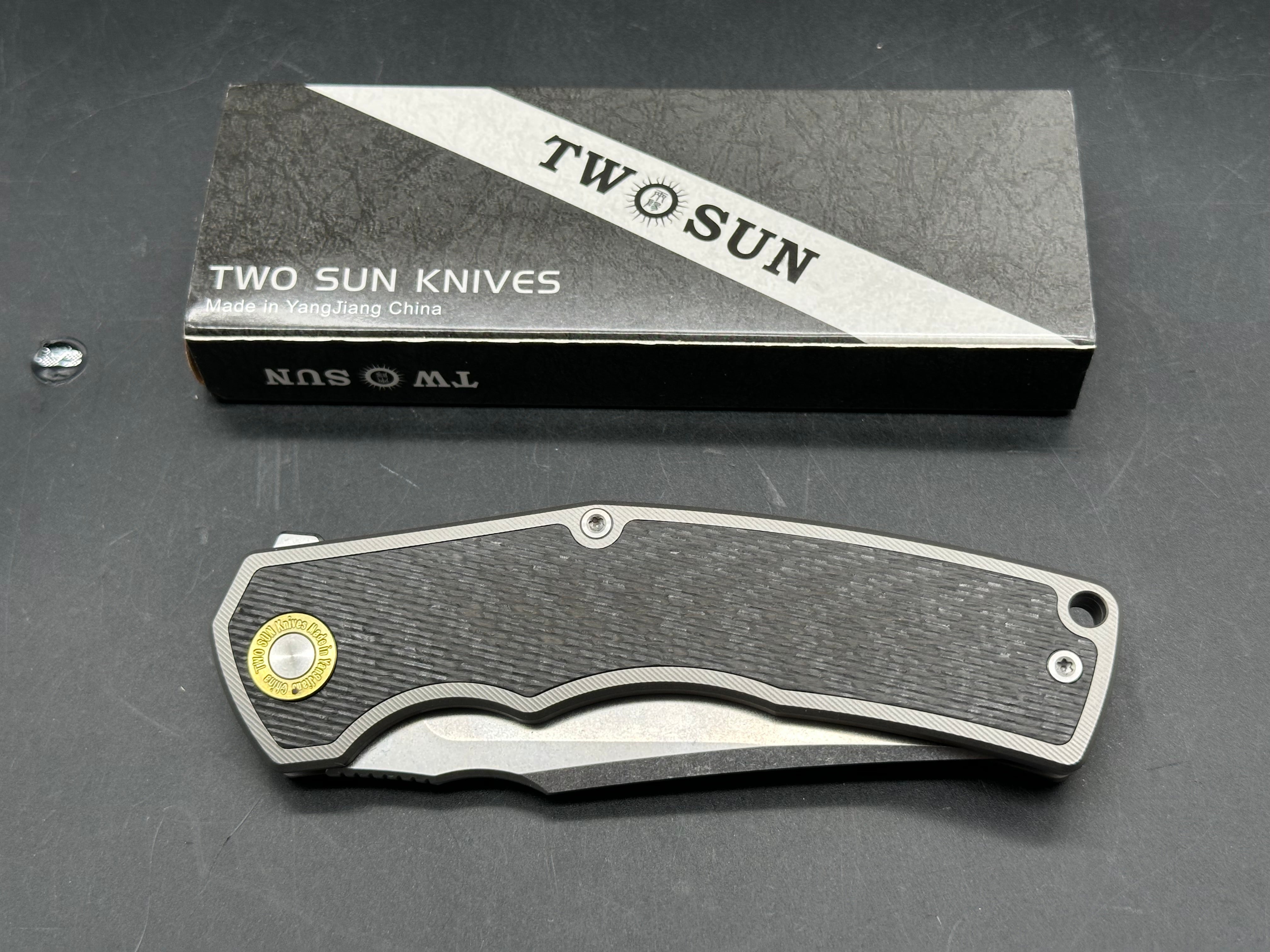 TWOSUN TS491 BLACK TITANIUM/CARBON FIBER HANDLE 14C28N PLAIN EDGE