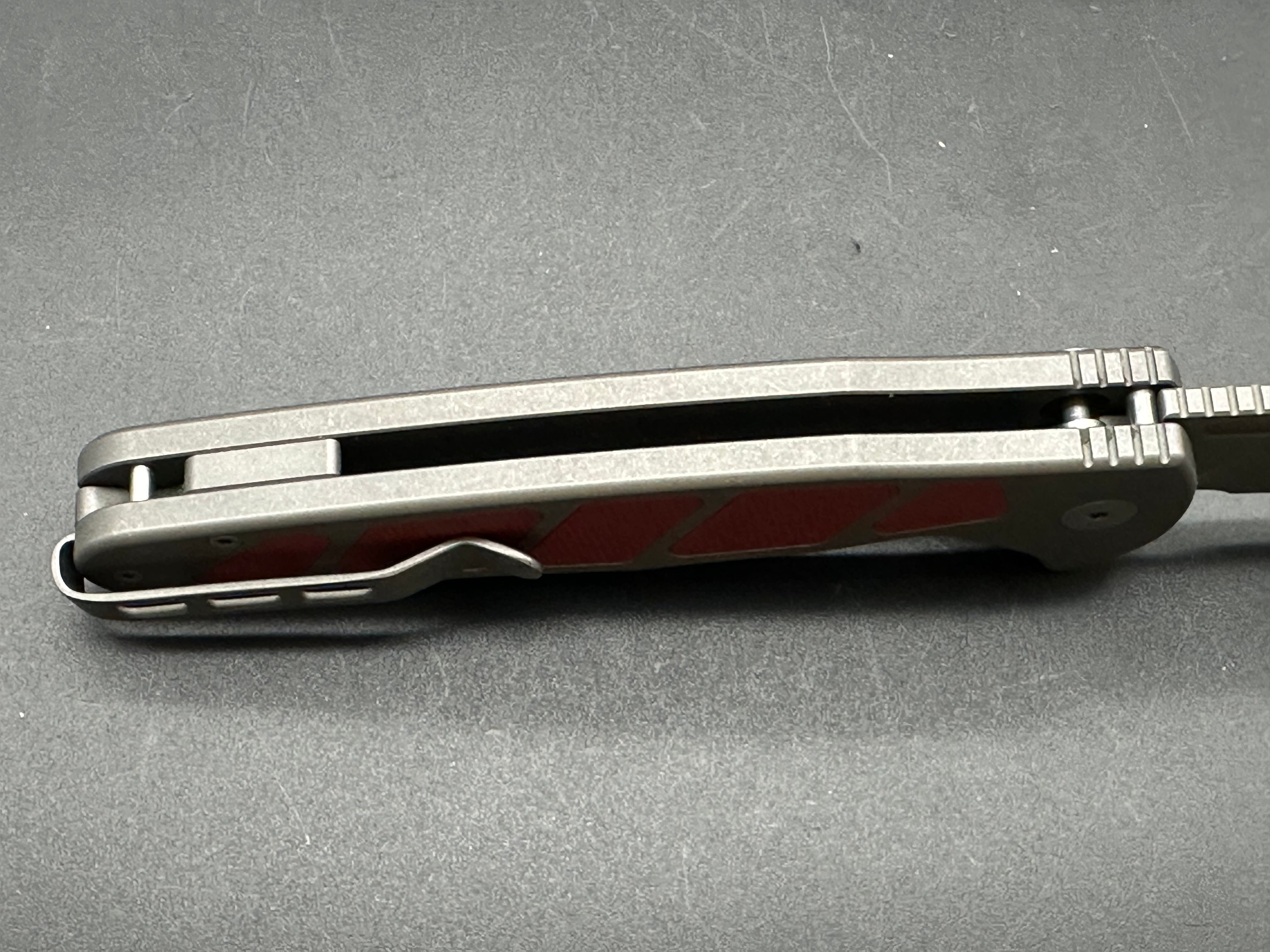 LUVTHEMKNIVES REZULT BUTTON LOCK, FINGER FLICKER & FLIPPER TITANIUM HANDLE BURGUNDY G10 INLAY 20CV