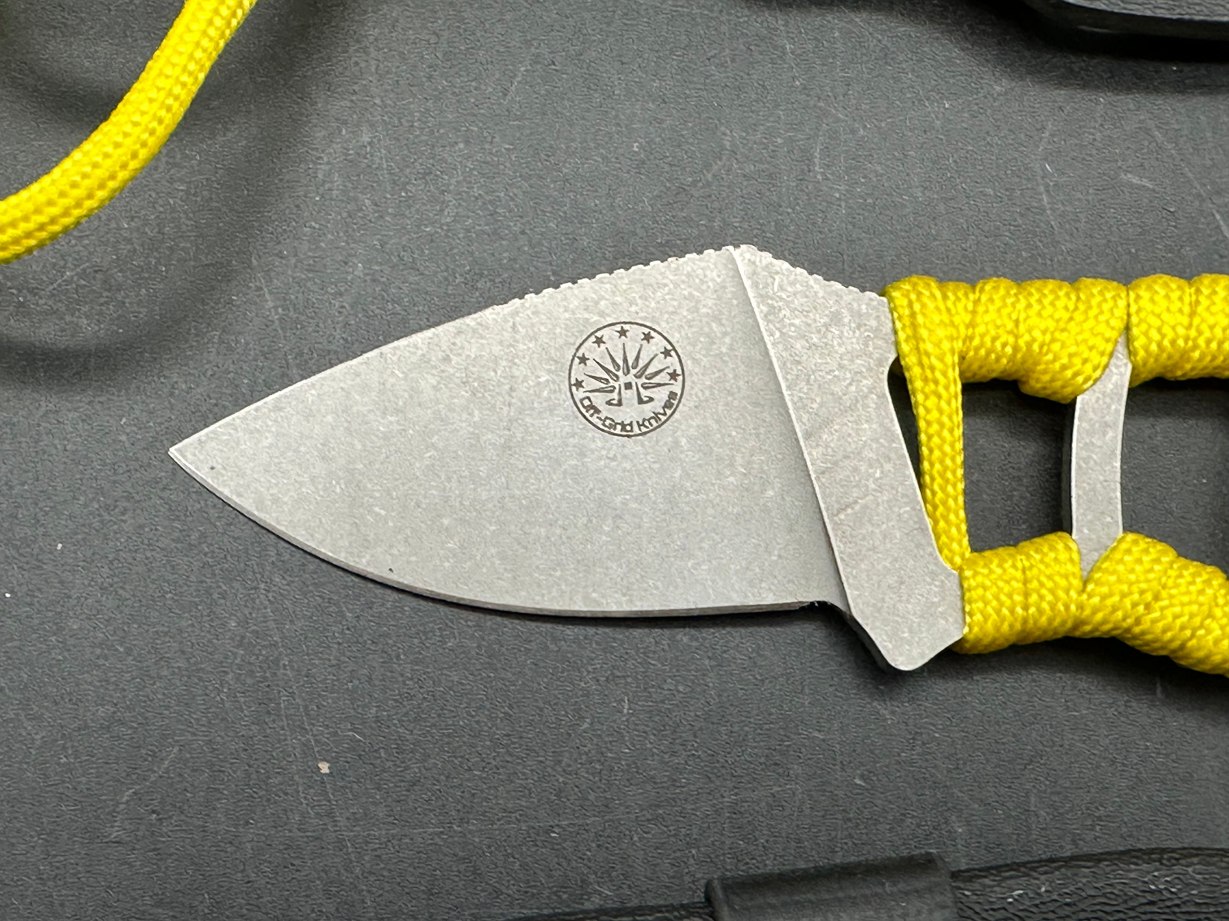 Charles Jones Blades Bonepicker in 3V steel with black micarta handles & Off Grid Knives All Day Fixie Neck knife in D2