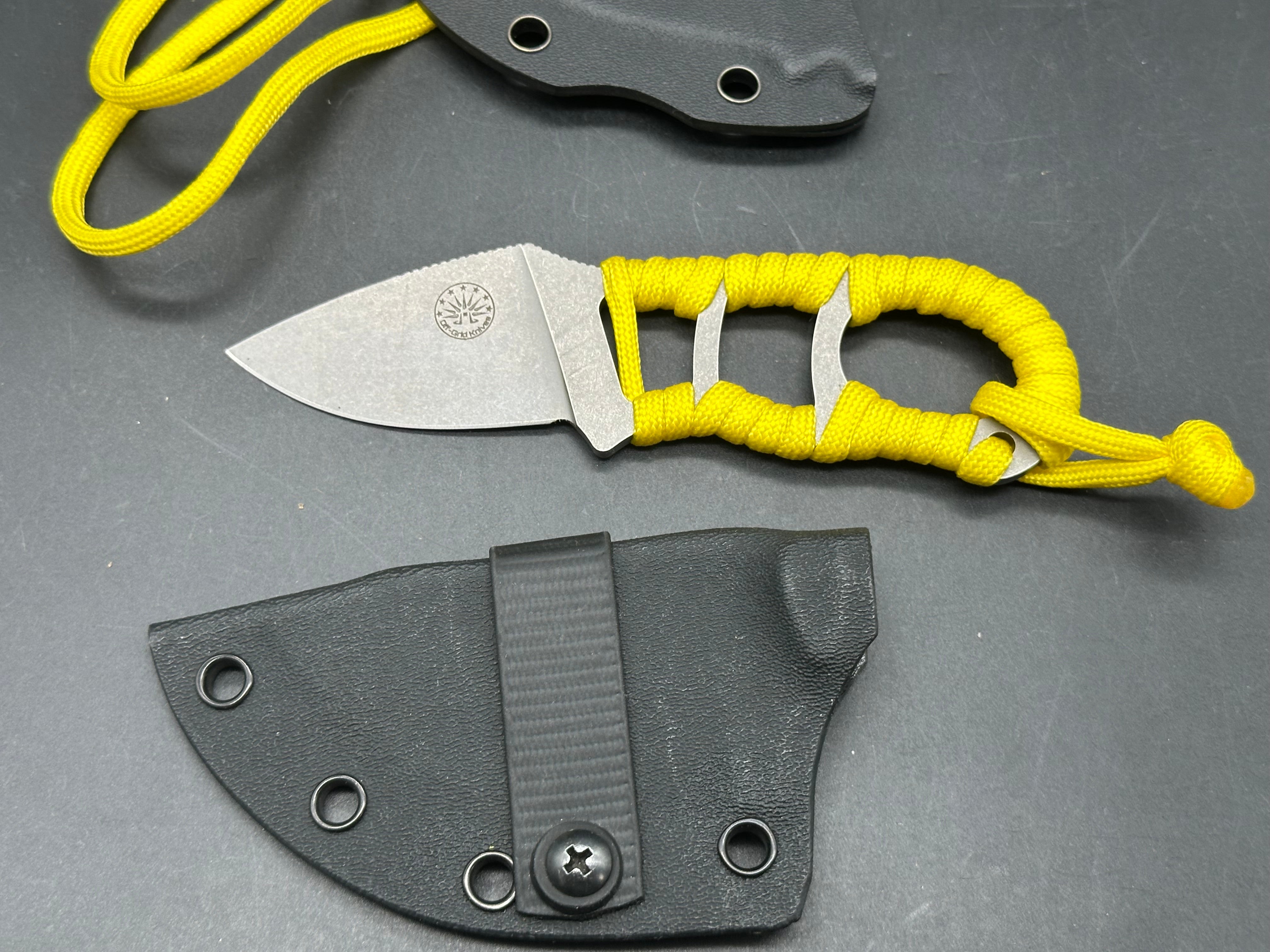 Charles Jones Blades Bonepicker in 3V steel with black micarta handles & Off Grid Knives All Day Fixie Neck knife in D2