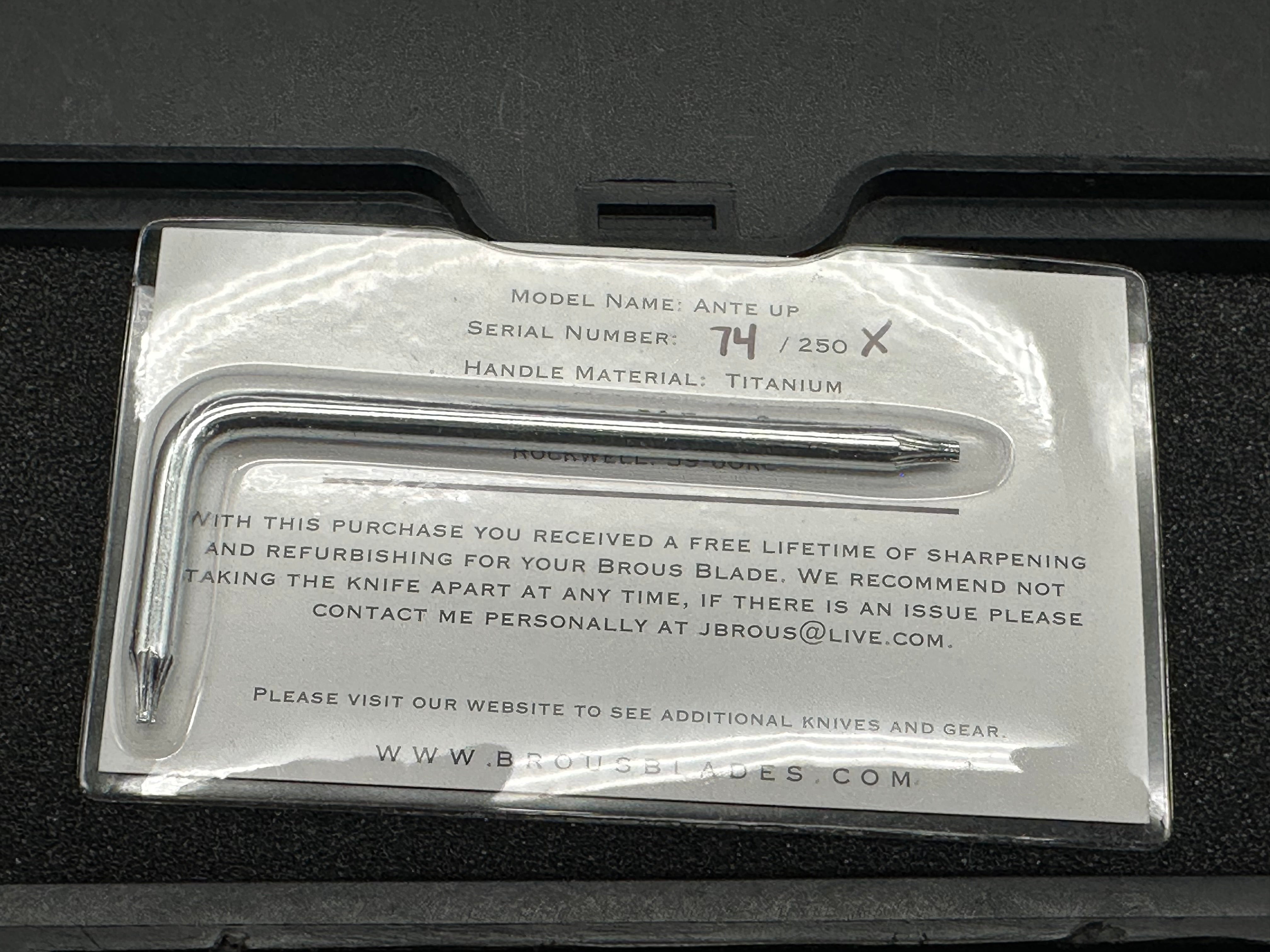 Brous Blades Ante Up Titanium handle w/D2 blade