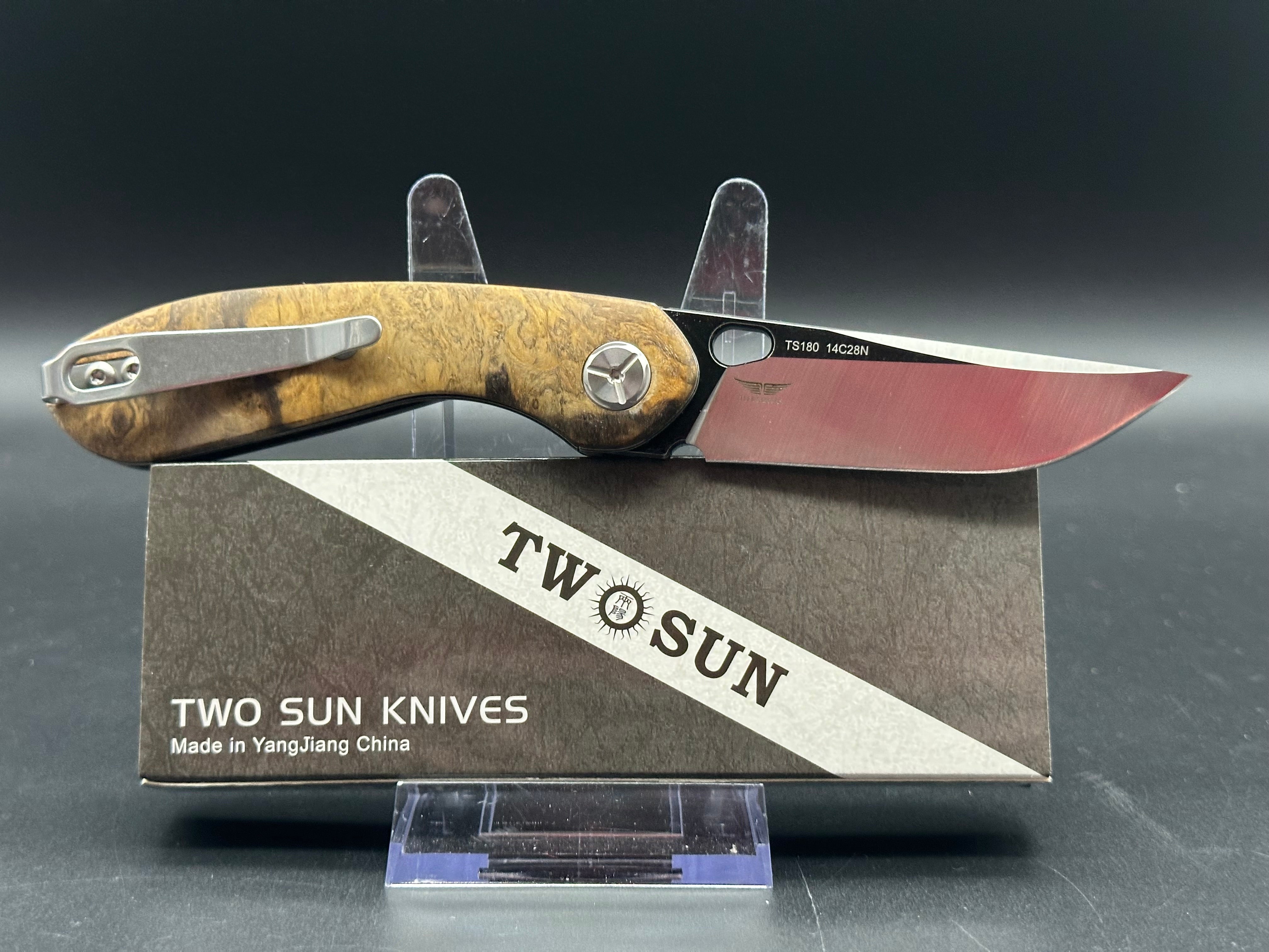 TWOSUN TEPE FOLDING KNIFE BURL WOOD HANDLE 14C28N PLAIN EDGE TS180-WOOD