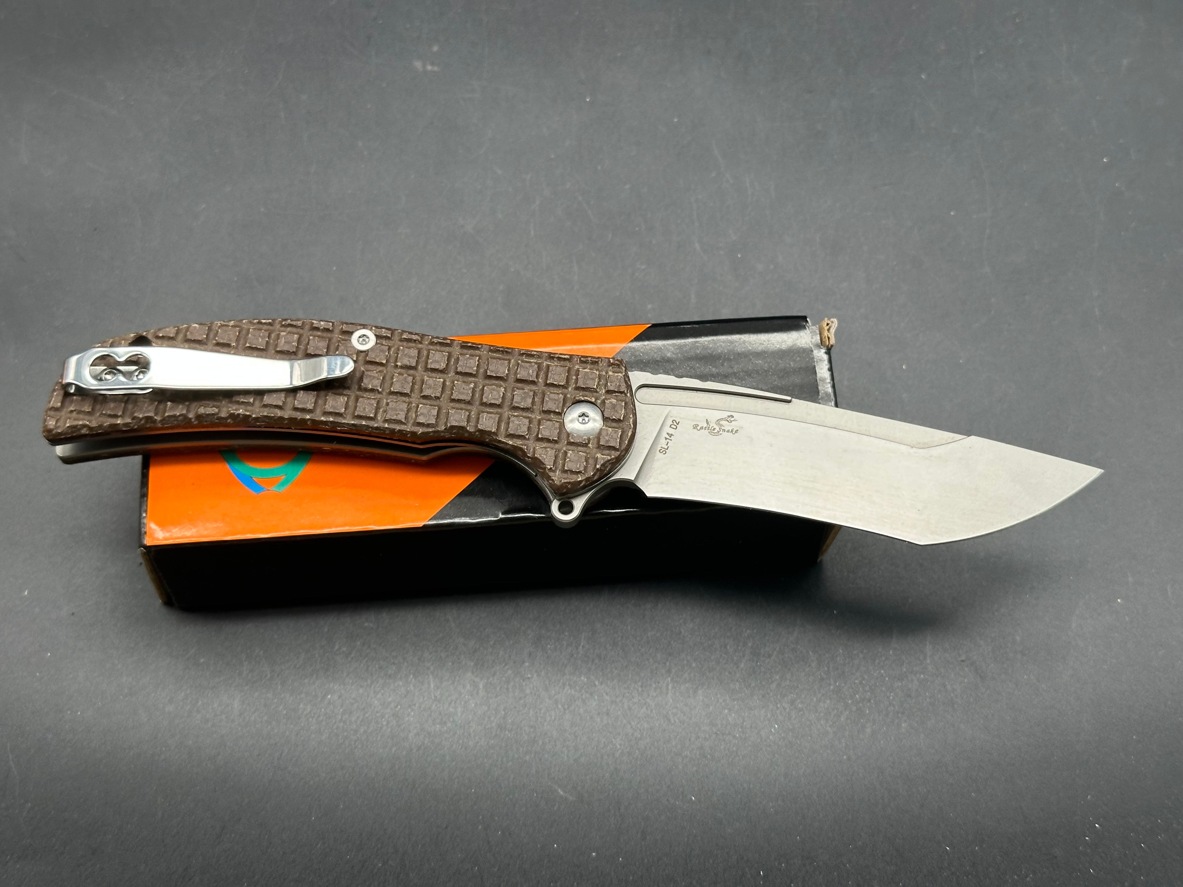 Sixleaf SL-14 liner lock, frag micarta scales, D2 blade