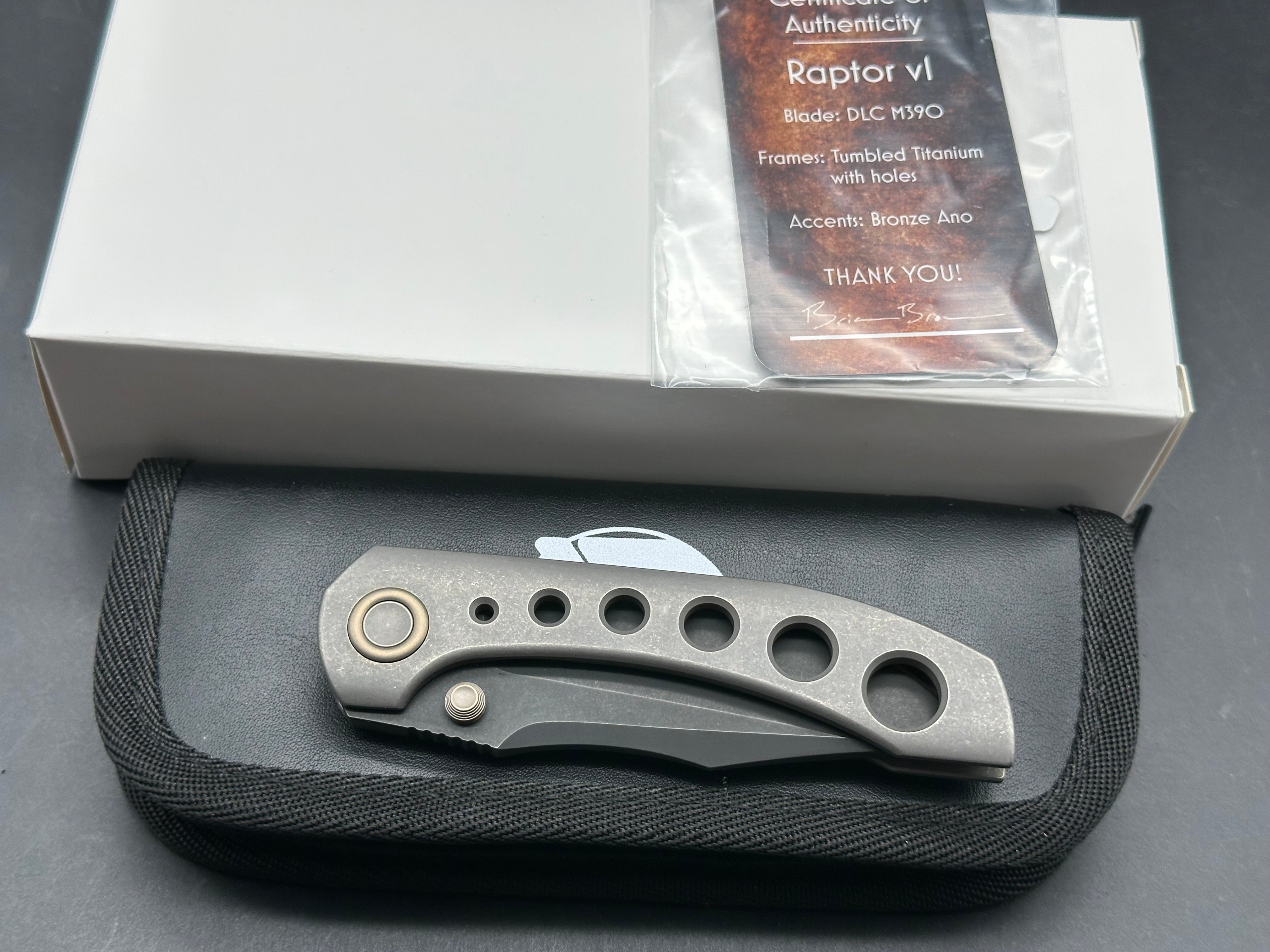 Brian Brown BBK Raptor V1, Black Stonewashed PVD M390 Blade, Dark Blasted and Tumbled Titanium Handles