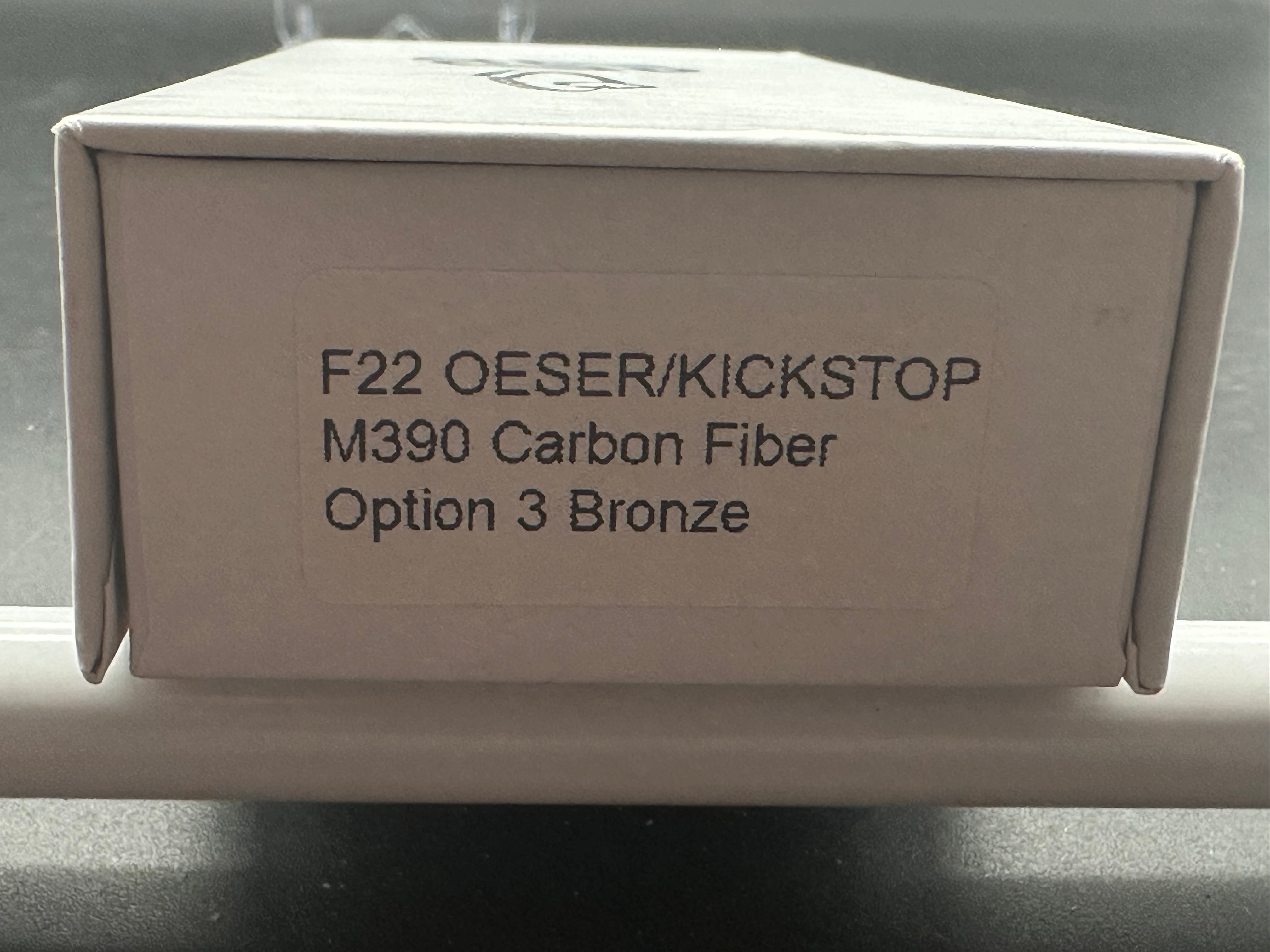 Jared Oeser F22 KickStop Flipper Knife M390 Machine Satin Blade Carbon Fiber Handles